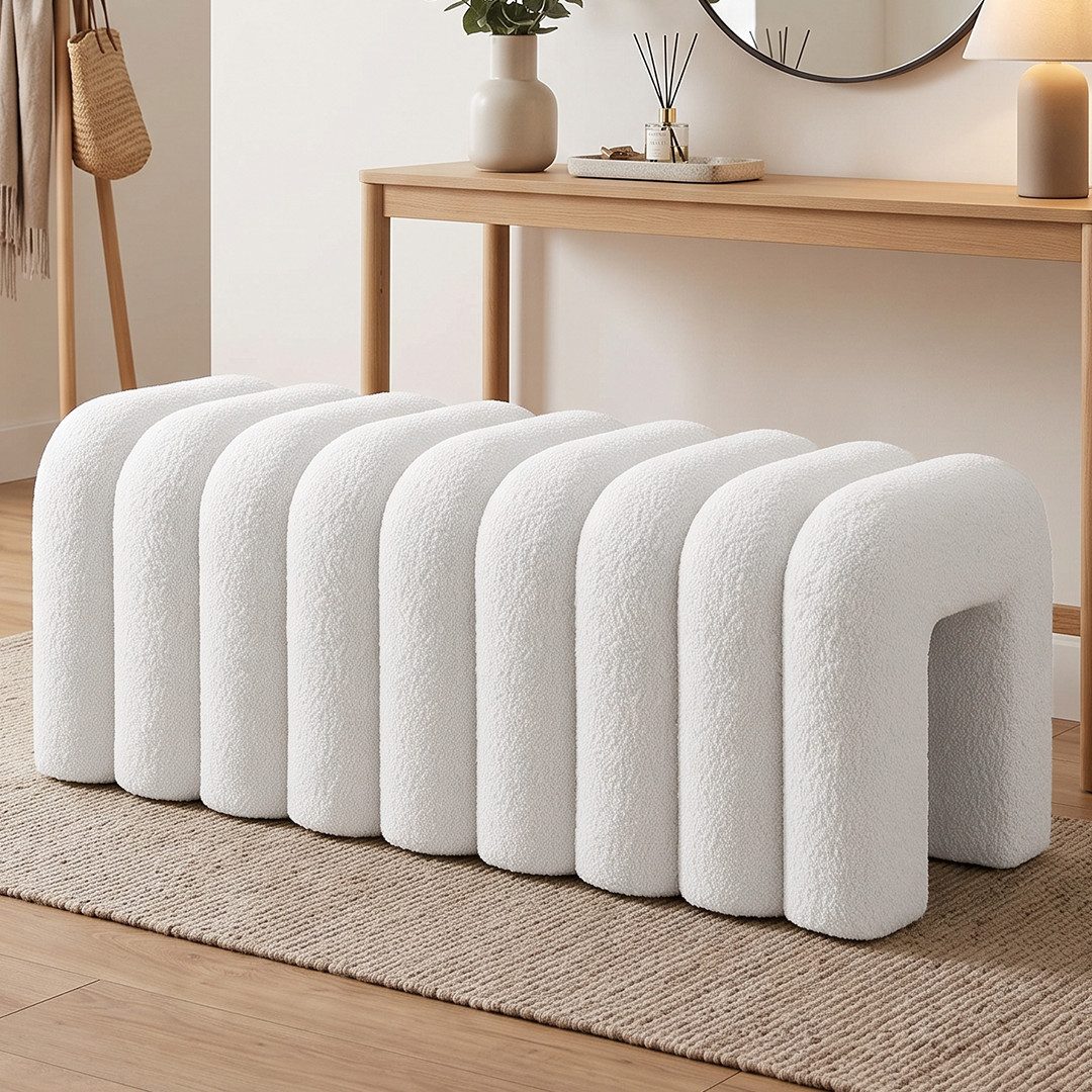 skølm Hocker Selitha in U-Form, Sitzhocker & Polsterbank, Teddy Bouclé Stoff (creme-weiß, Polsterbank zum Sitzen), gepolstert & weicher Stoff, Ablagebank für Ankleide-/Schlafzimmer