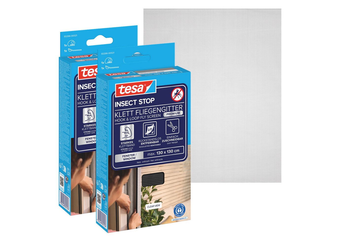 tesa Insektenschutz-Fensterrahmen Klett Fliegengitter Premium für Fenster, Insektenschutz, ohne bohren, (Spar-Set, 2-St., zuschneidbar, selbstklebend - 2x 130 cm x 130 cm - Anthrazit), Mückenschutz mit starkem Klettband, rückstandsfrei entfernbar