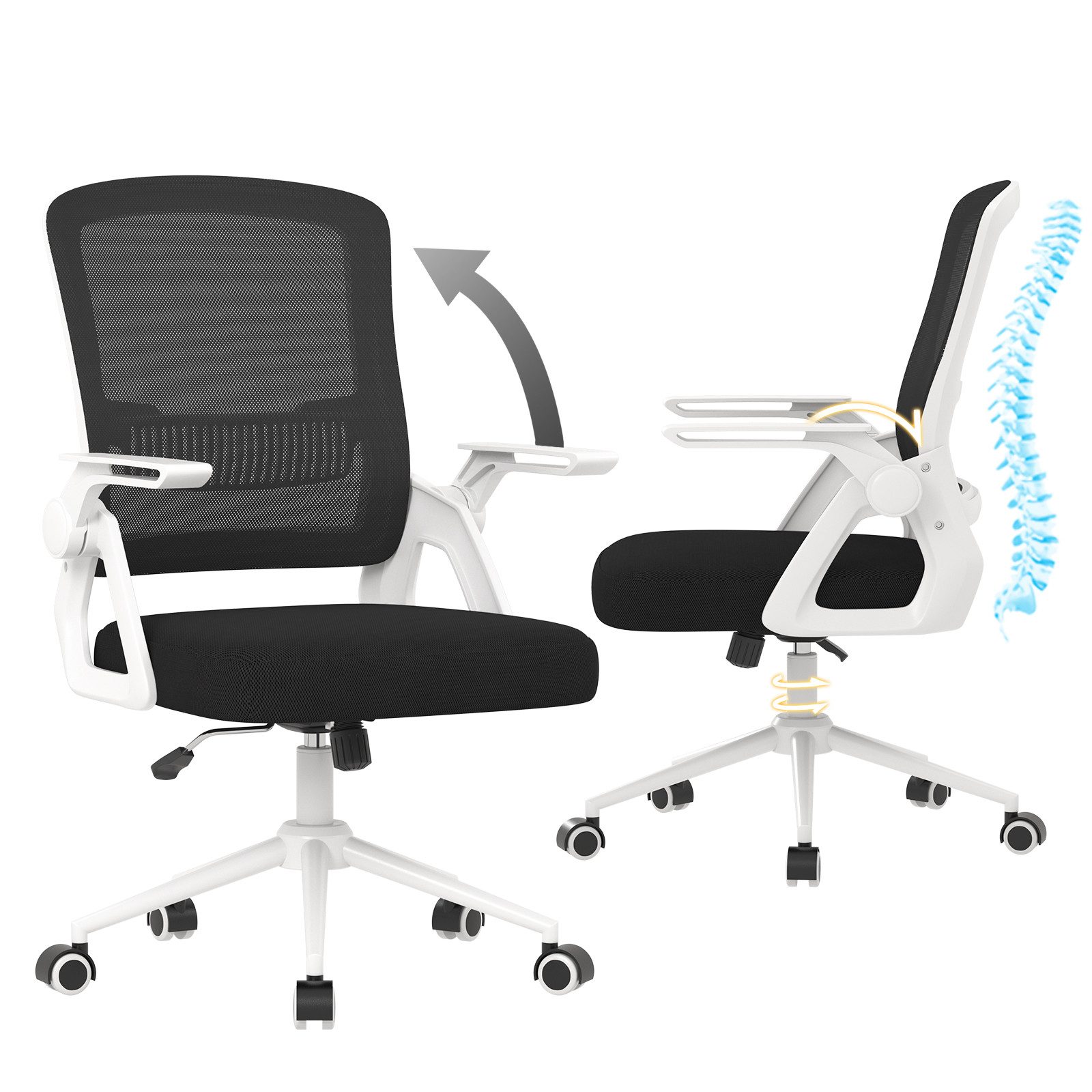 ZAISZE Bürostuhl Ergonomischer Bürostuhl mit Mesh-Rückenlehne und Lendenstütze (Verstellbarer Armlehnen, Atmungsaktiv, Höhenverstellbarer Schreibtischstuhl mit 90° Klappbaren Armlehnen), Verlängerte und Verbreiterte Rückenlehne, Drehstuhl fürs Homeoffice