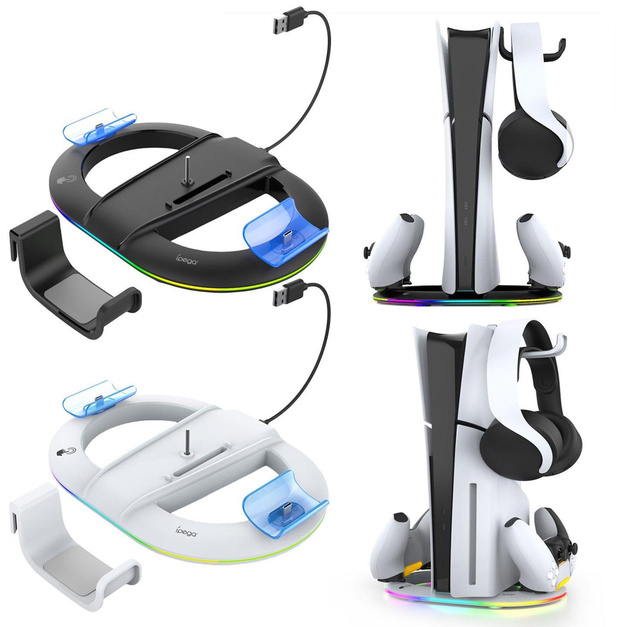 Wigento Vertical Stand PS5 Pro Slim Ladestation Controller RGB Weiß Gaming-Adapter, 0 cm, Controller Ladefunktion, LED Licht, Kopfhörerhalter