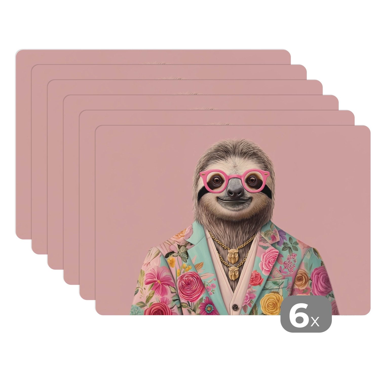 MuchoWow Platzset Faultier - Blumendruck - Brille - Rosa, (6-St), Platzsets günstig online kaufen