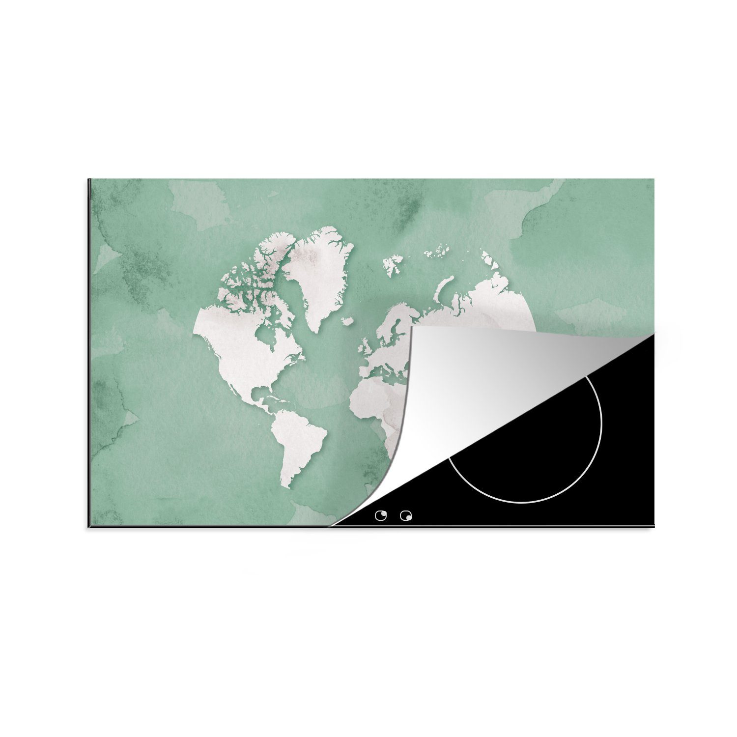 MuchoWow Herdblende-/Abdeckplatte Weltkarte - Grün - Aquarell, Vinyl, (1 tlg), 81x52 cm, Induktionskochfeld Schutz für die küche, Ceranfeldabdeckung