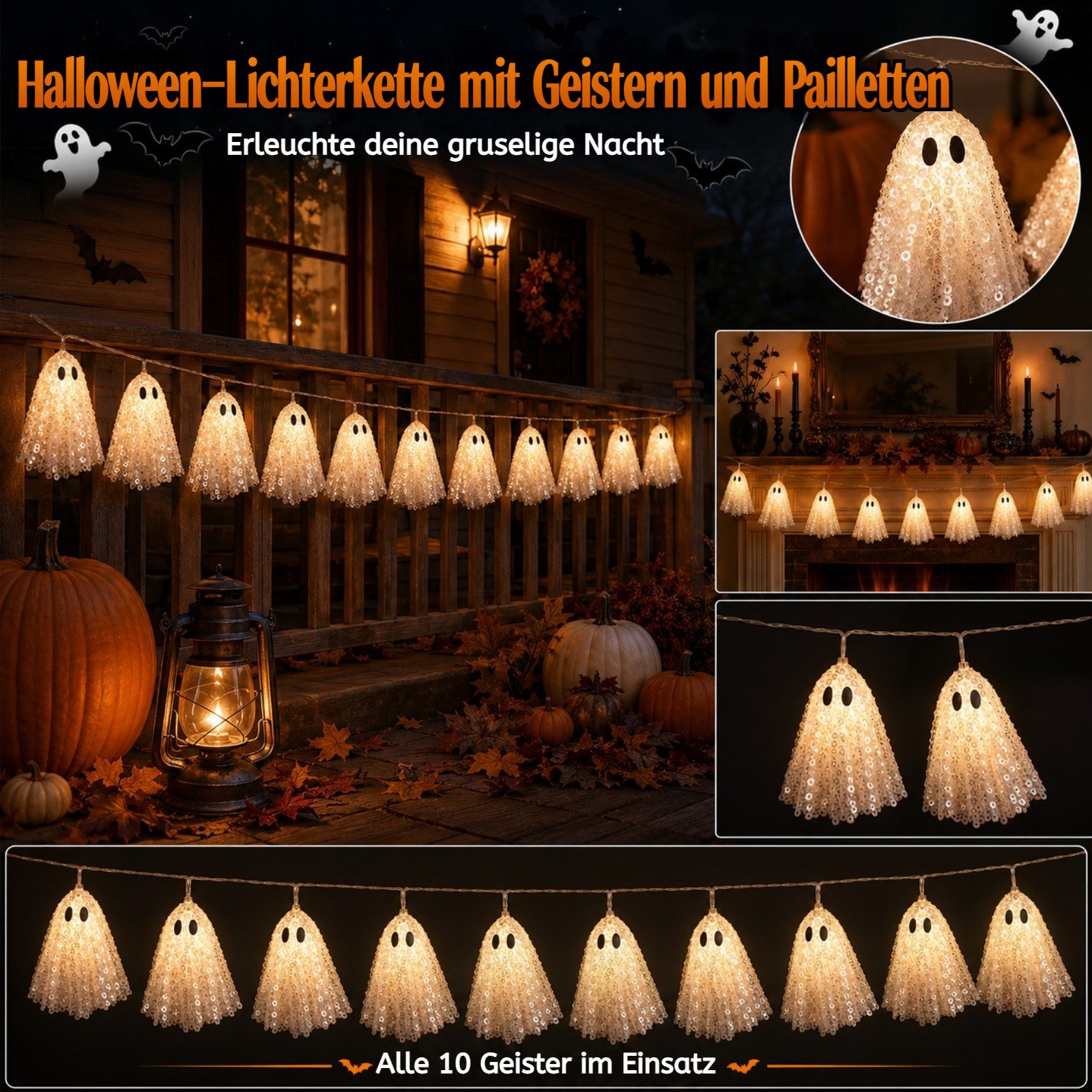 QUBEBU Dekolicht Halloween LED Lichterkette 200cm 10Stk Hängende Gespenst Lichterketten, Bling-Bling Geisterlichter, 2 Modi Warmes Licht Geist-Dekoration, Batteriebetriebene Gespenst Lampe für Party Garten Haustür Terrasse