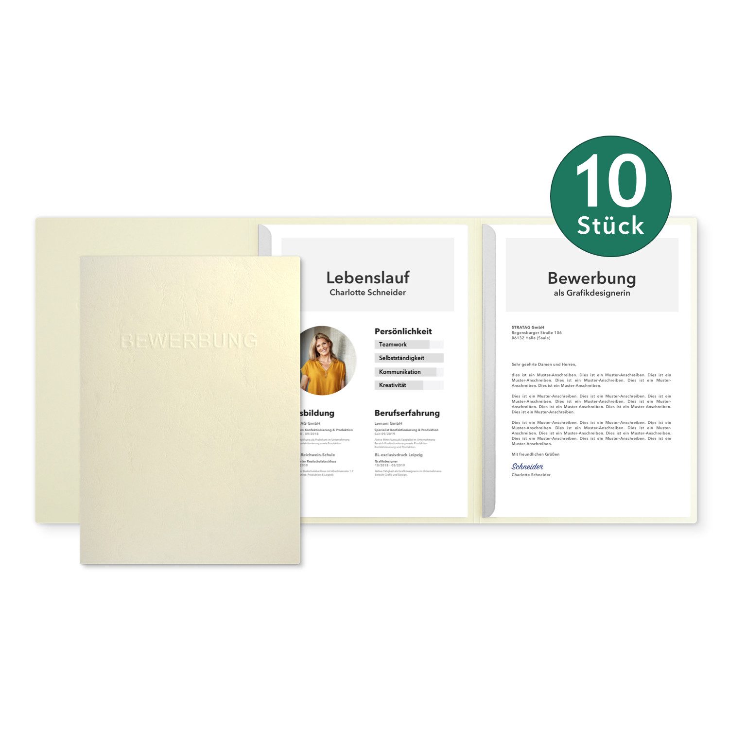 STRATAG Bewerbungsmappe in feinster Lederstruktur - 10 Stück 3-teilig mit 2 Klemmschienen (Set, 10-St., mit hochwertiger Relief-Prägung BEWERBUNG), direkt vom Hersteller STRATAG - handgefertigt in Deutschland
