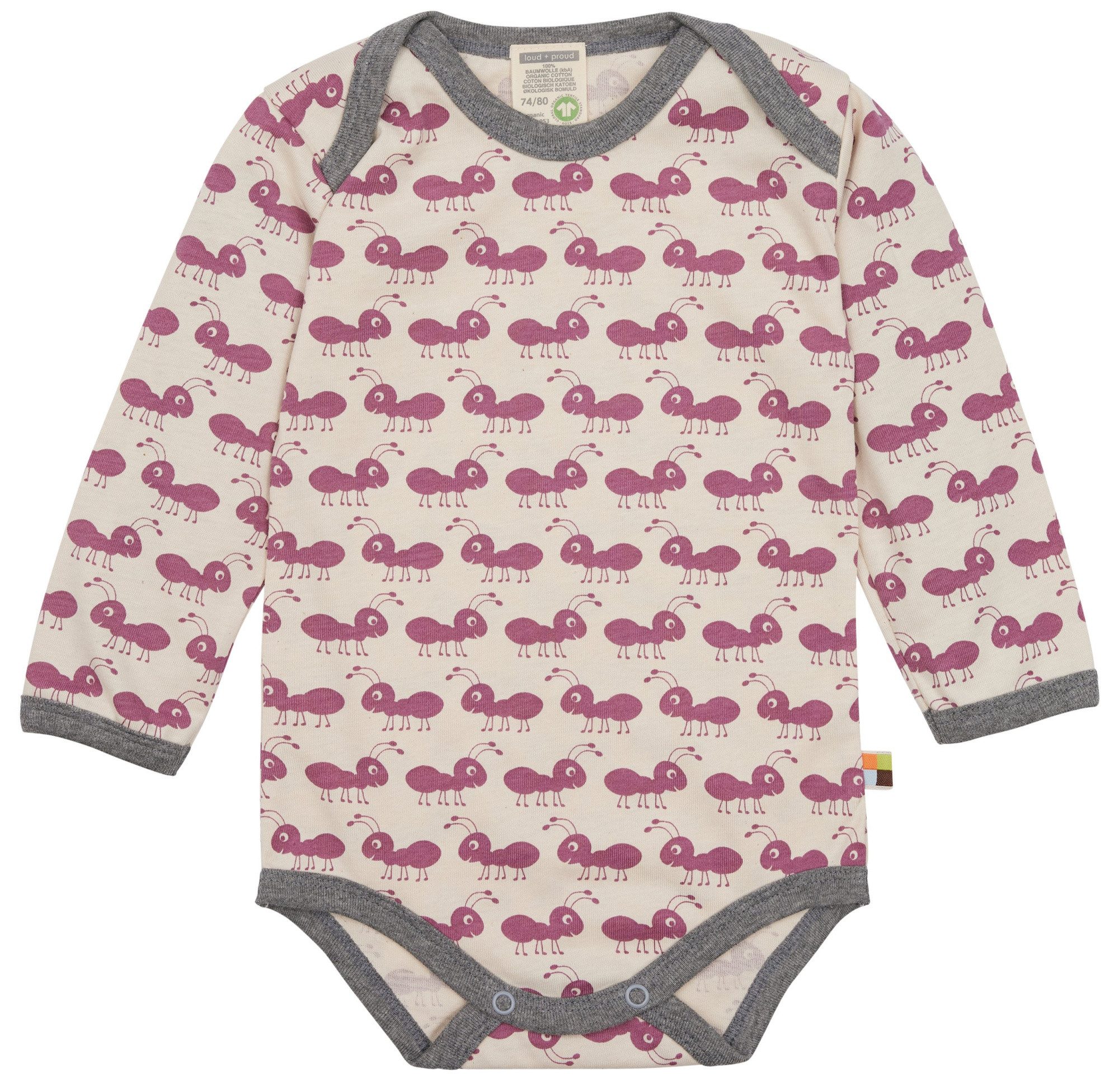 loud + proud Langarmbody mit Ameisen Druckmotiv Bio Baumwolle, GOTS
