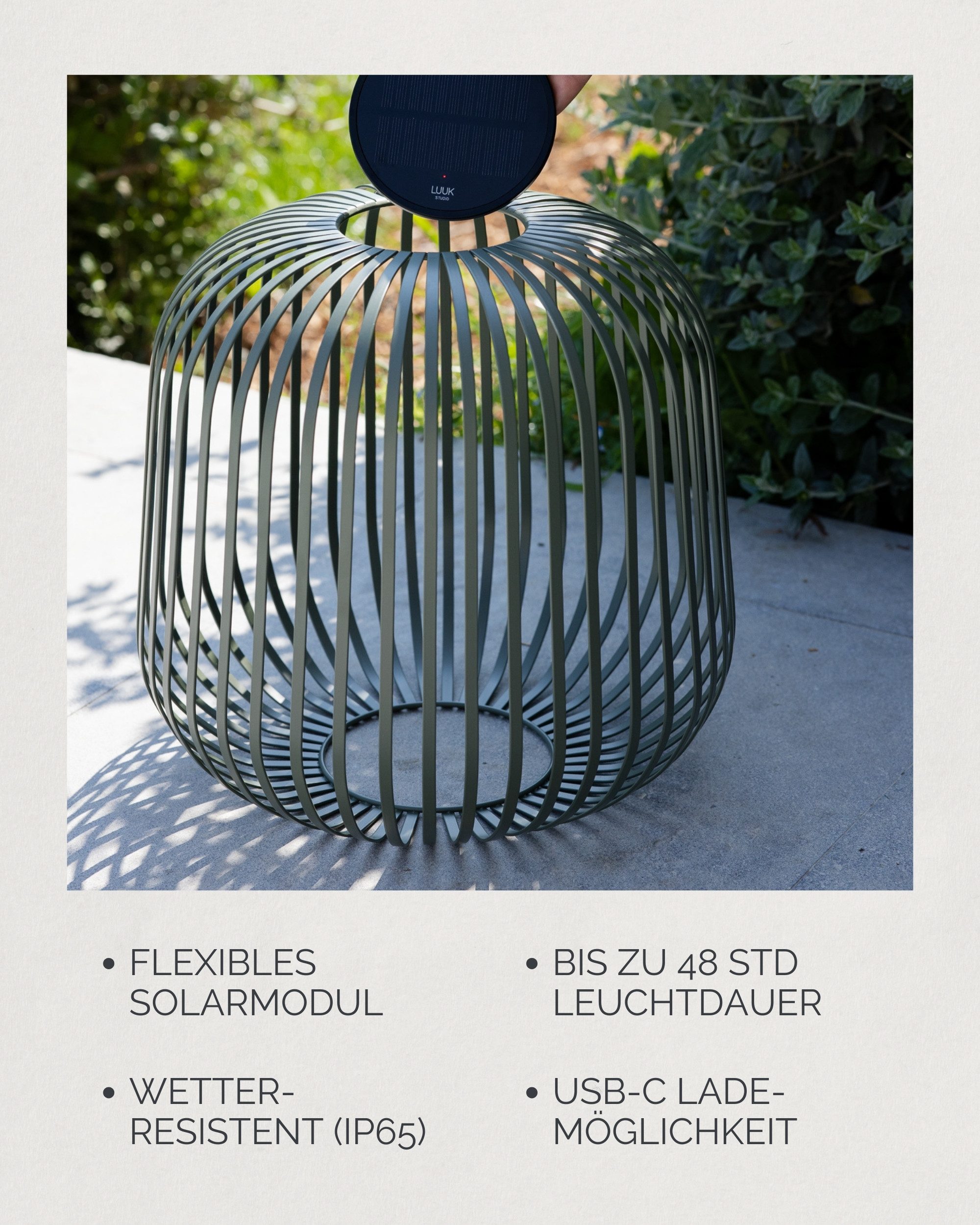 LUUK Studio LED Solarleuchte SOLIS, LED fest integriert, warmweißes Licht (2700 K), Tageslichtweiß, Kabellose LED Laterne mit herausnehmbaren Solarmodul