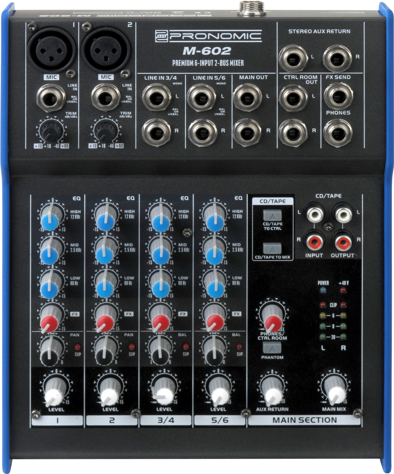 Pronomic Mischpult M-602 6-Kanal-Mischpult, mit 2 Mono-Kanäle XLR/Klinke, 2-Stereo Kanäle, 3-Band-EQ