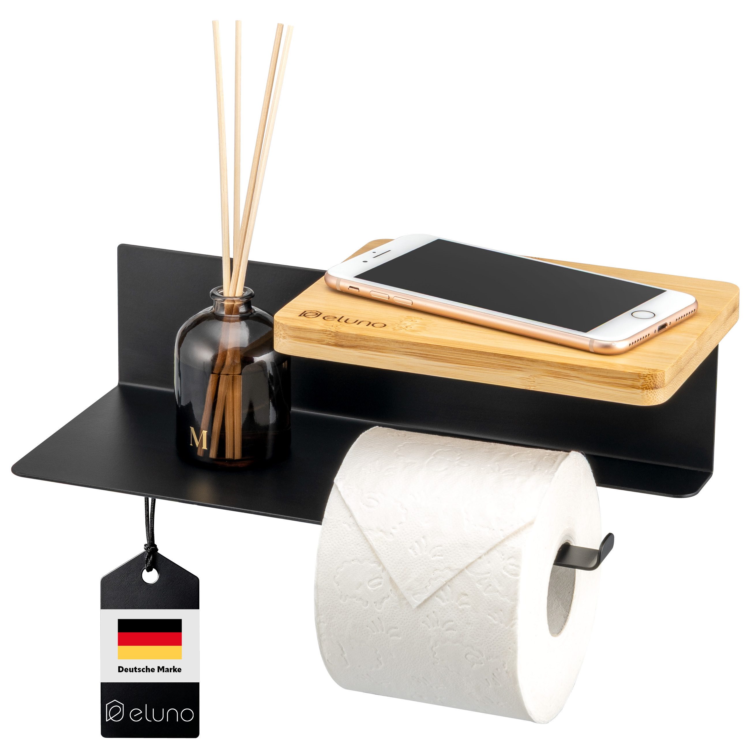 eluno Toilettenpapierhalter VARAZ mit 2 Ablagen aus Metall und Bambus, schw günstig online kaufen