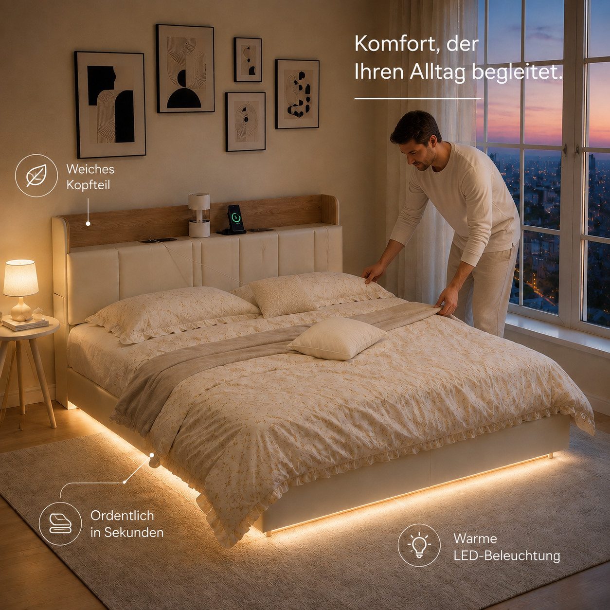 Simurq Polsterbett 160x200cm LED Stauraum USB Weiß Eichenoptik (USB-Ladeanschluss), Schwebebett,LED,Stauraum,USB,Weiß,Eichenoptik,Lattenrost – Bild 3 von 5