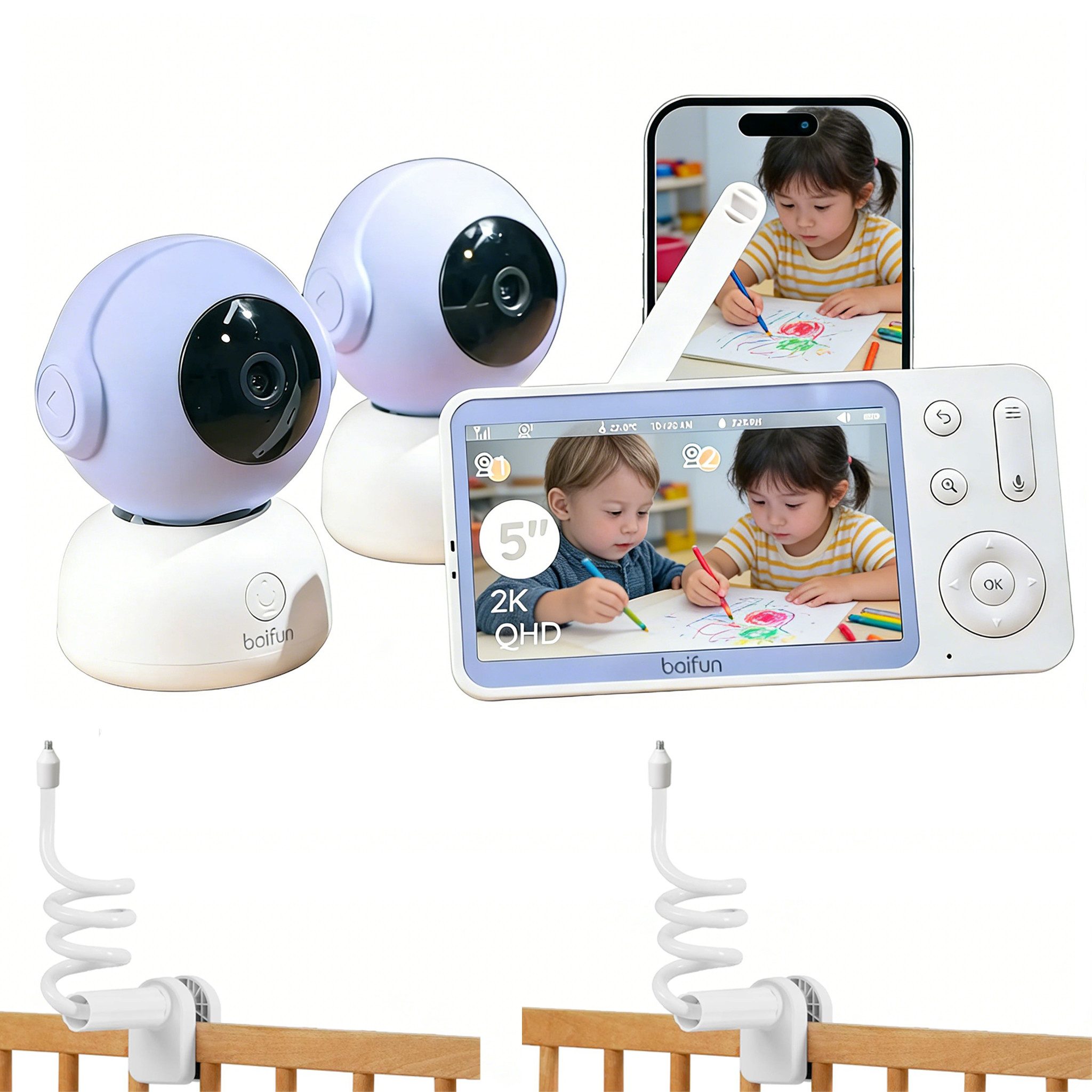 Boifun Video-Babyphone Babyphone 720P mit Kamera 5 Zoll Baby Monitor, mit Kamera und Audio WLAN, 3000-mAh-Akku, 1-tlg., unterstützt Temperaturüberwachung Schlaflied Wecker, Nachtsicht, Bidirektionales Interkom, Zwei-Wege-Audio VOX-Modus