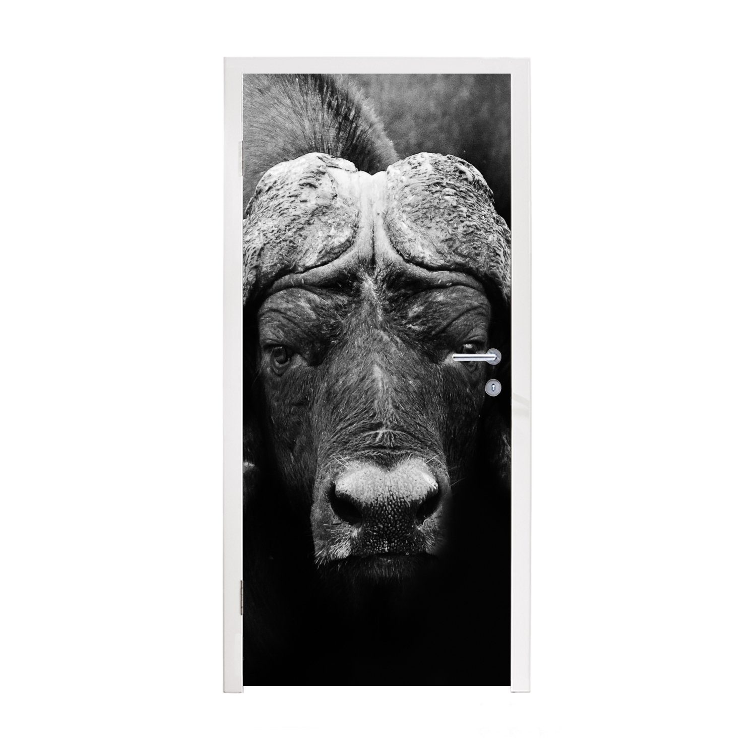 MuchoWow Türtapete Tiere - Büffel - Schwarz - Weiß - Porträt, Matt, bedruckt, (1 St), Fototapete für Tür, Türaufkleber, 75x205 cm