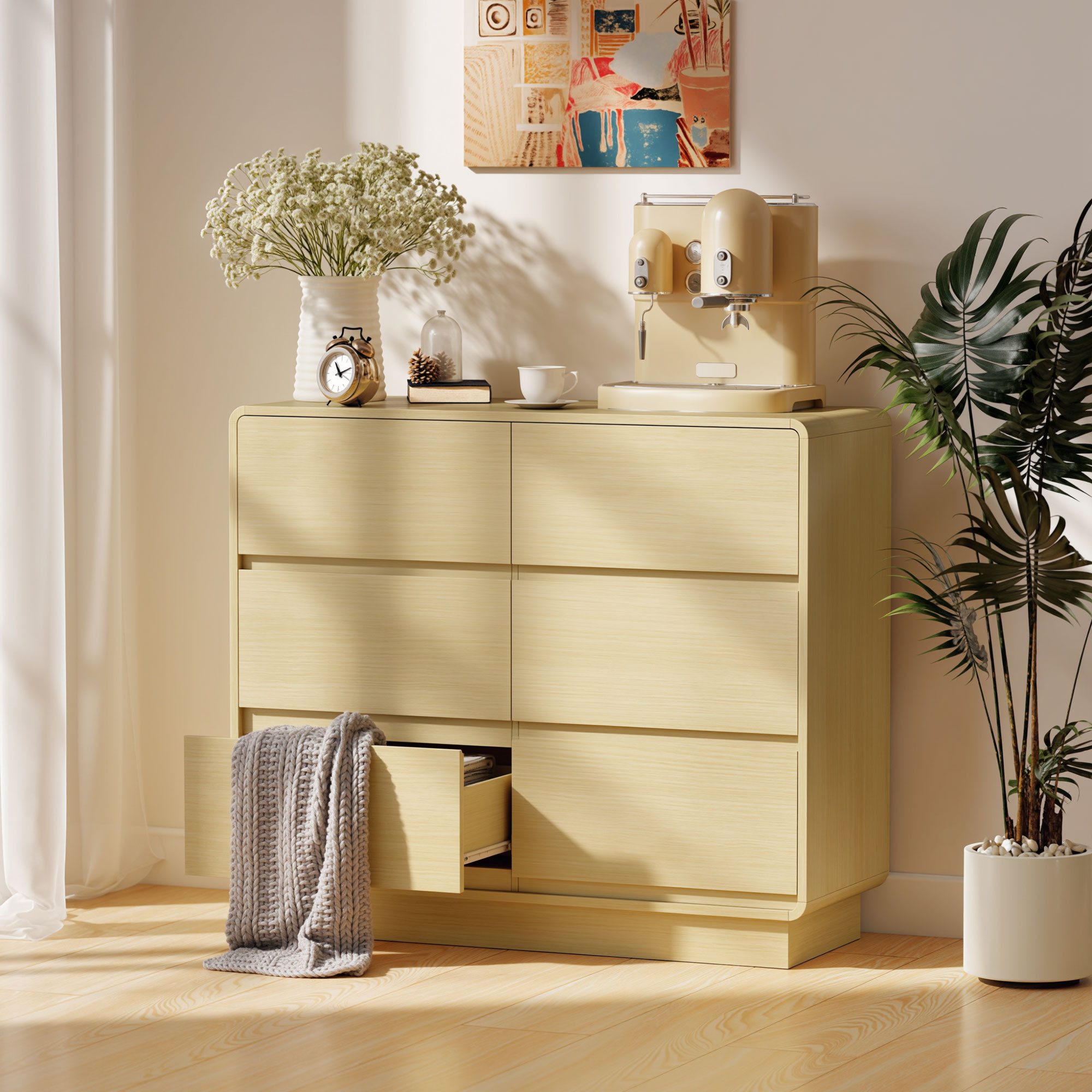 HOMCOM Sideboard mit 6 Schubladen, abgerundeten Kanten (Kommode, 1 St., 100 cm Aufbewahrungsschrank), für Wohnzimmer, Küche, Esszimmer, 100 x 38 x 86 cm, Naturholz