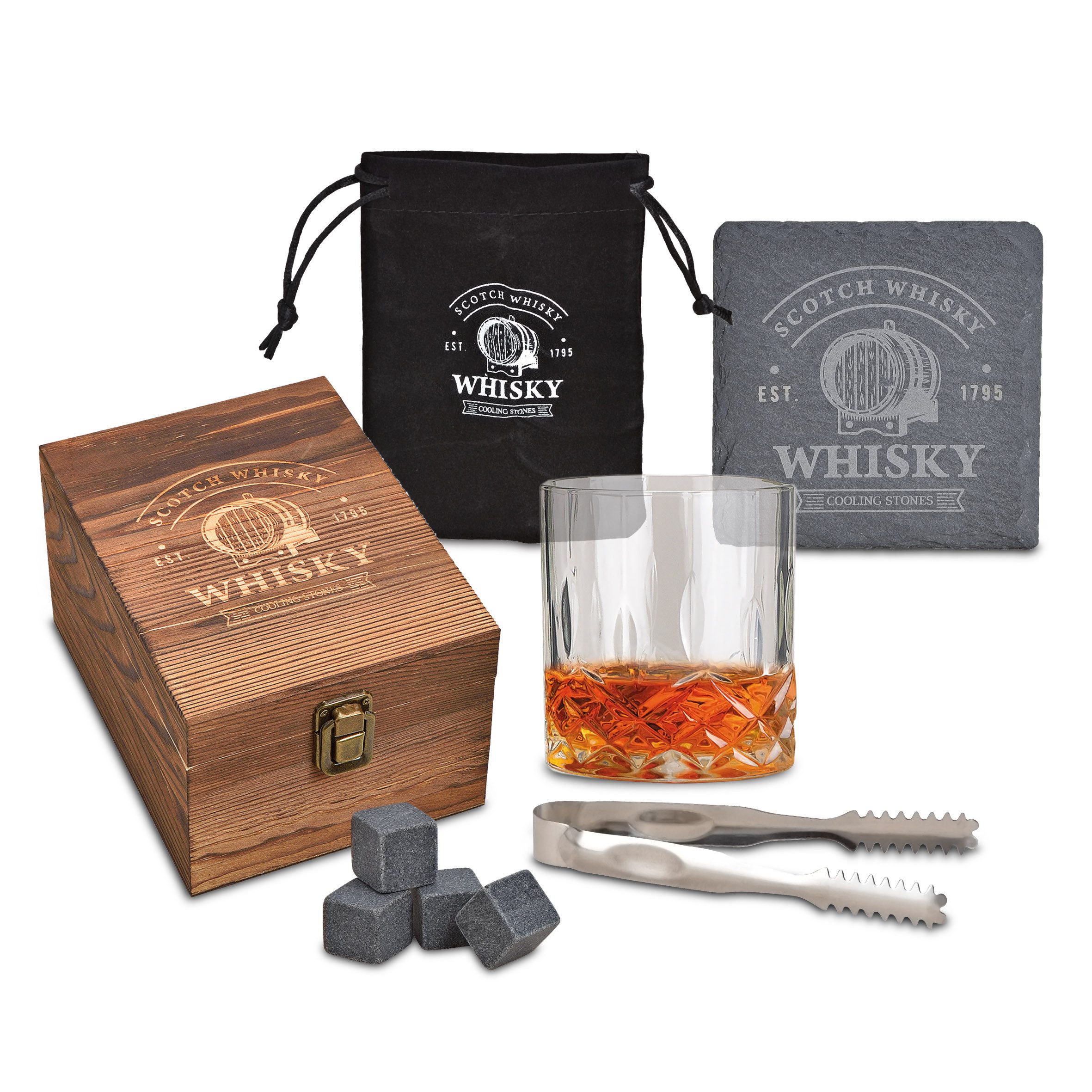 Woma Eiswürfel-Steine Basalt Whisky Steine Geschenk Set in edler Holzbox - 8-teilig, Wiederverwendbare Kühlwürfel mit Glas, Untersetzer und Zange