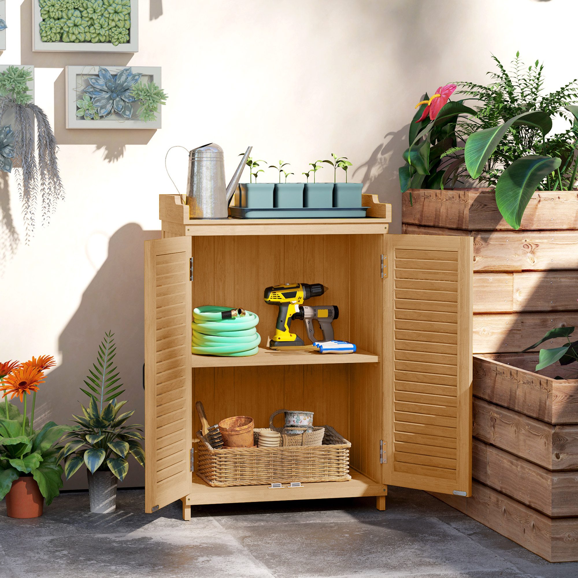 Outsunny Gerätehaus mit Arbeitsfläche, Lamellentür, Ablagen, wetterfest, Bx günstig online kaufen