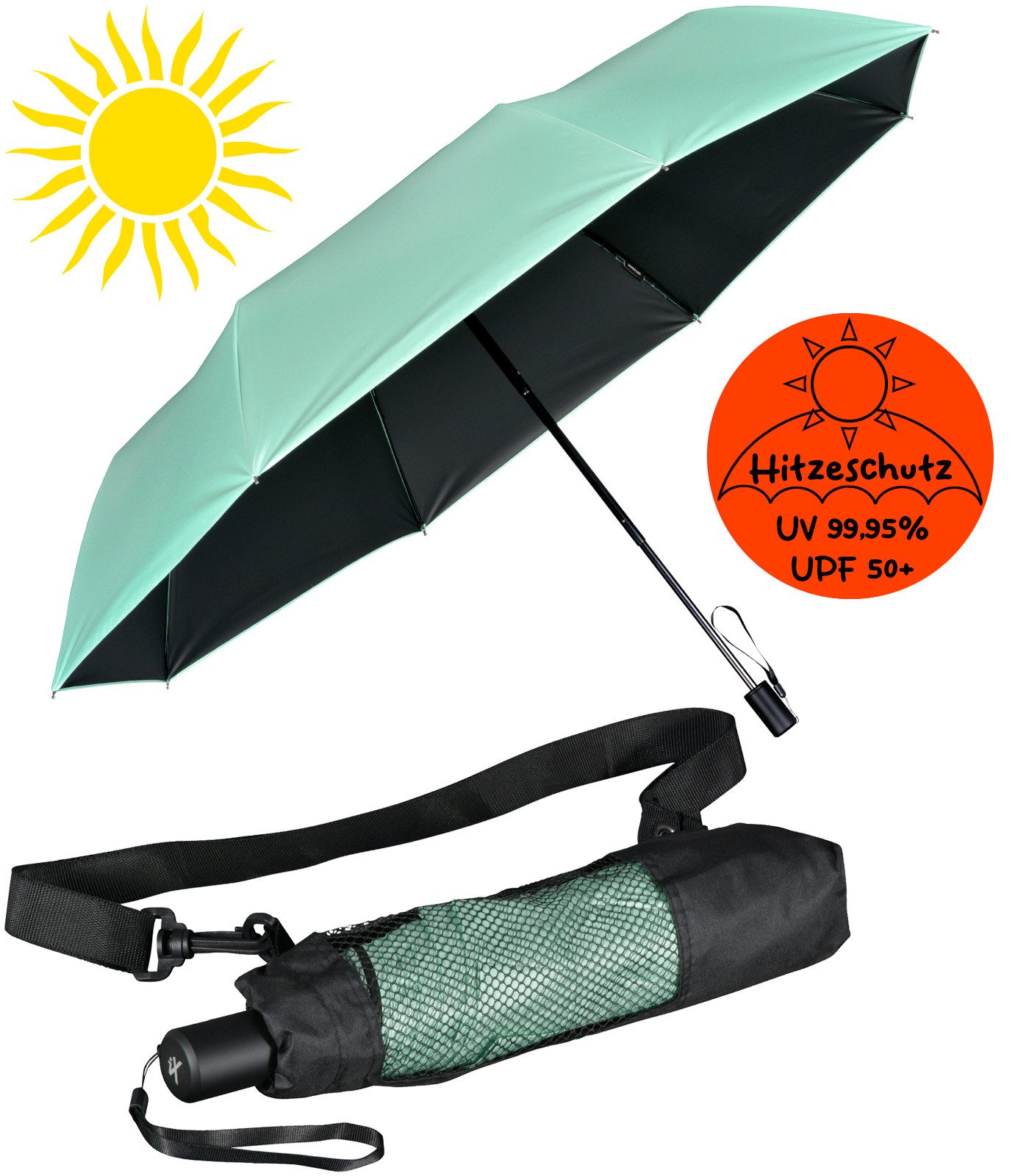 iX-brella Trekkingschirm XL Sonnen-Regenschirm mit UPF 50+, UV-Hitze-Schutz, mit Umhängetasche, mit Handöffner, innen schwarz