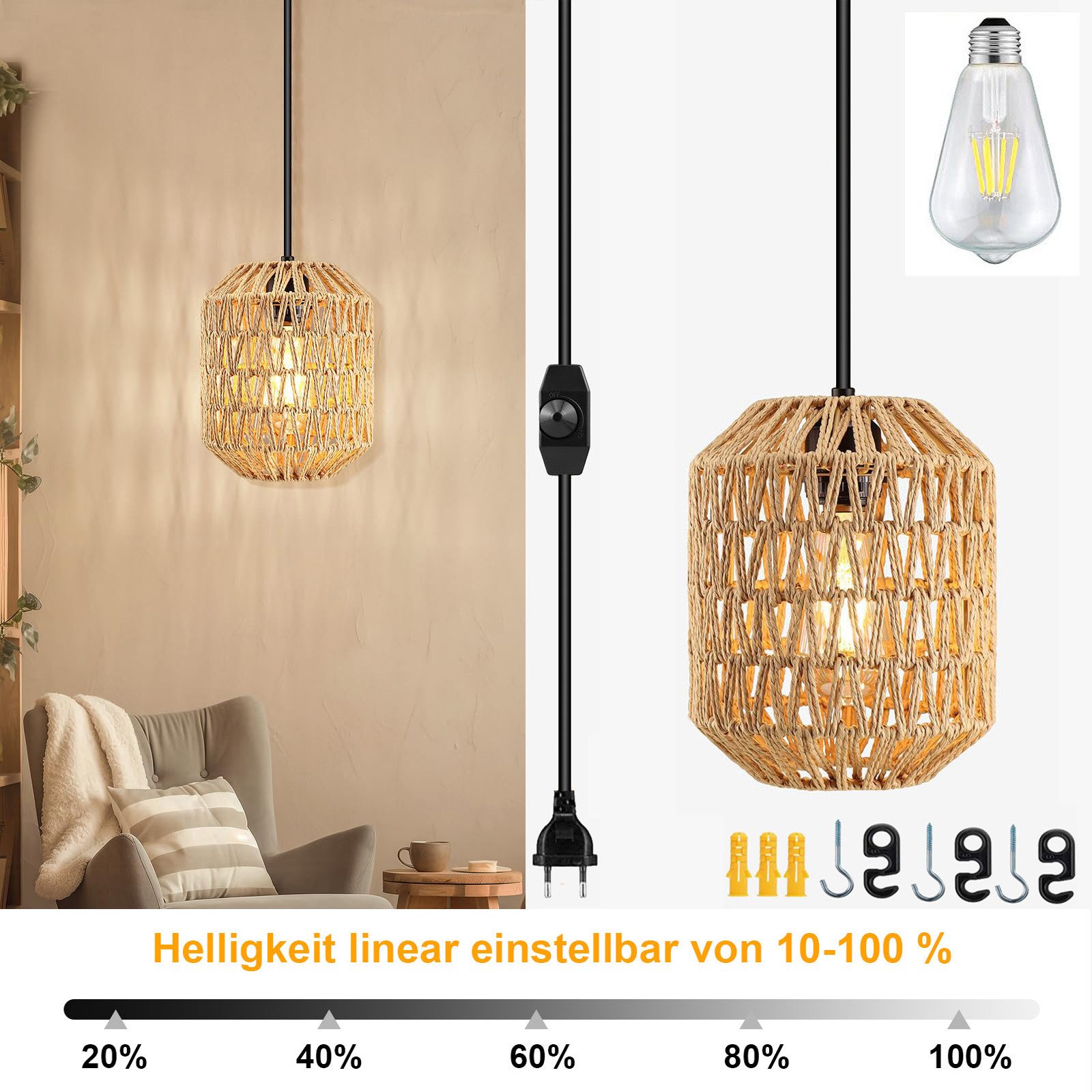 Jibenhome LED Pendelleuchte Rattan-Hängelampe mit Stecker, Dimmbar Boho-Hän günstig online kaufen