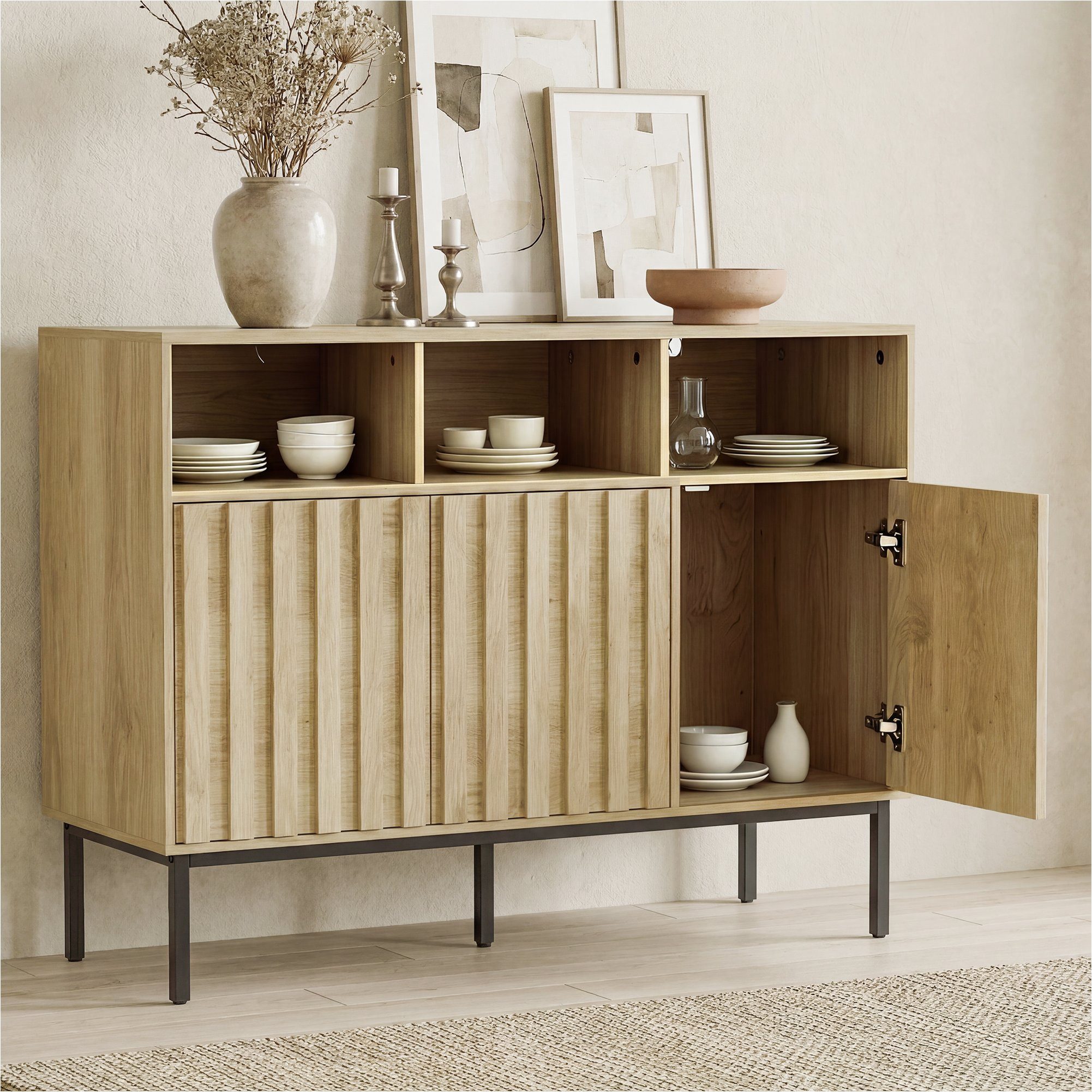 UEV Sideboard Küchenschrank mit 3 Türen & 3 offenen Fächern (Kommode), 105 x 39 x 80cm Kaffeebar Schrank für Flur Wohnzimmer Schlafzimmer