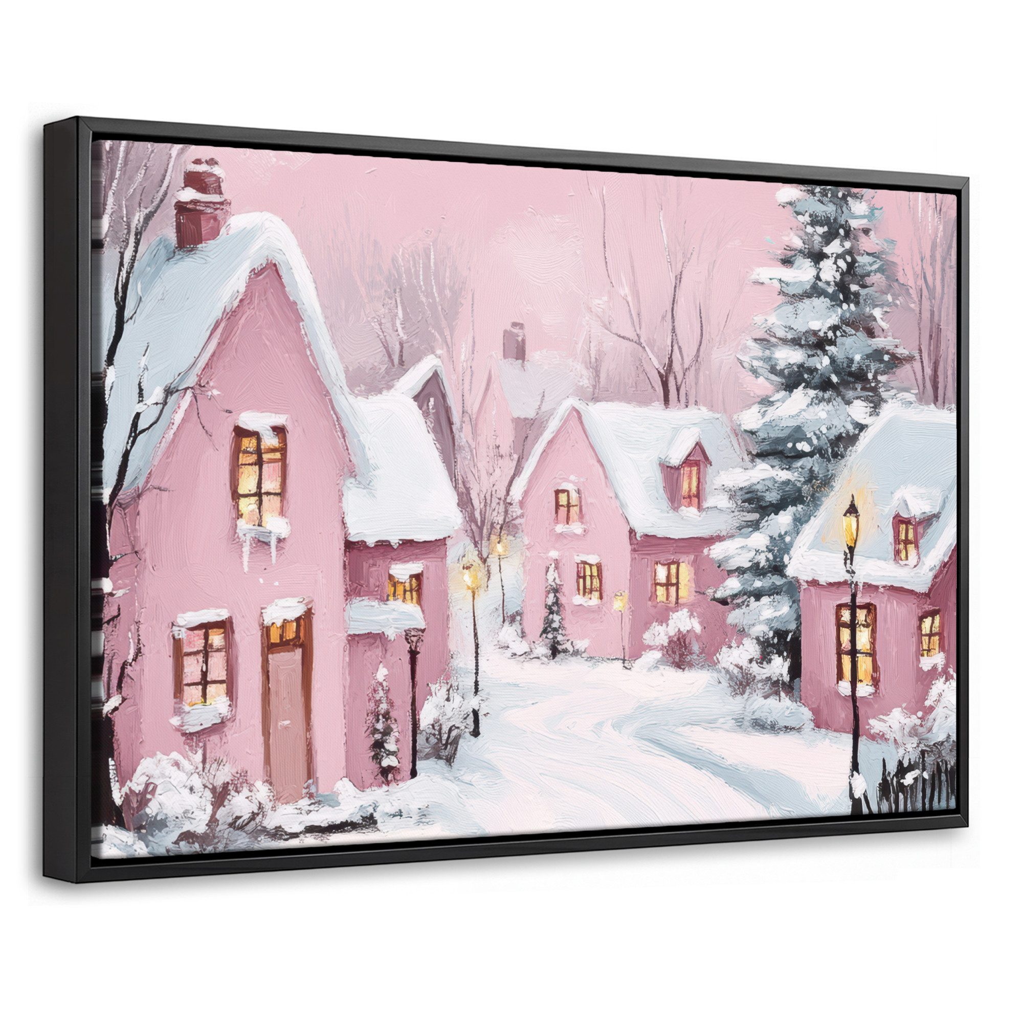 OneMillionCanvasses® Leinwandbild mit Rahmen - Weihnachtsdorf - Rosa - Winter - Schnee - Häuser, Fotodruck (1 St), Bilder, Zimmer Wand Bild Dekoration 30x20cm