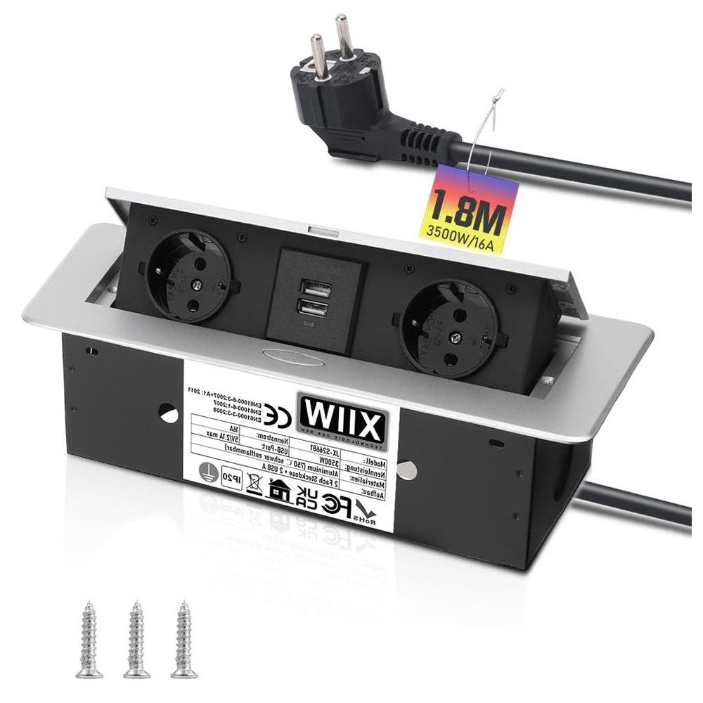 XERSEK Versenkbare Einbausteckdose Tischsteckdosenleiste Mehrfachsteckdose Mehrfachsteckdose 2-fach (Netzteil, USB-Anschluss, 3-fach + 2 USB inkl. 1,8m Anschlusskabel, Aluminium Spritzguss Softöffnung, Silber, 26,5*11,8*6,5 cm (LXBXH), 3500W/16A, für Büros Hotels Küche, Kabellänge 1.8 m)