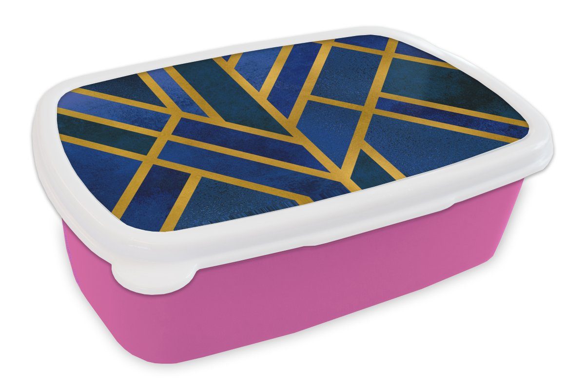 MuchoWow Lunchbox Gold - Blau - Muster, Kunststoff, (2-tlg), Brotbox für Erwachsene, Brotdose Kinder, Snackbox, Mädchen, Kunststoff rosa | Lunchboxen