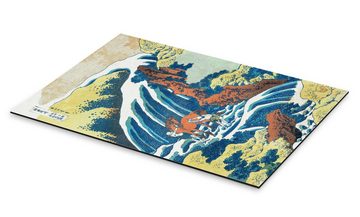 Posterlounge Alu-Dibond-Druck Katsushika Hokusai, Zwei Männer waschen ein Pferd an einem Wasserfall, Malerei