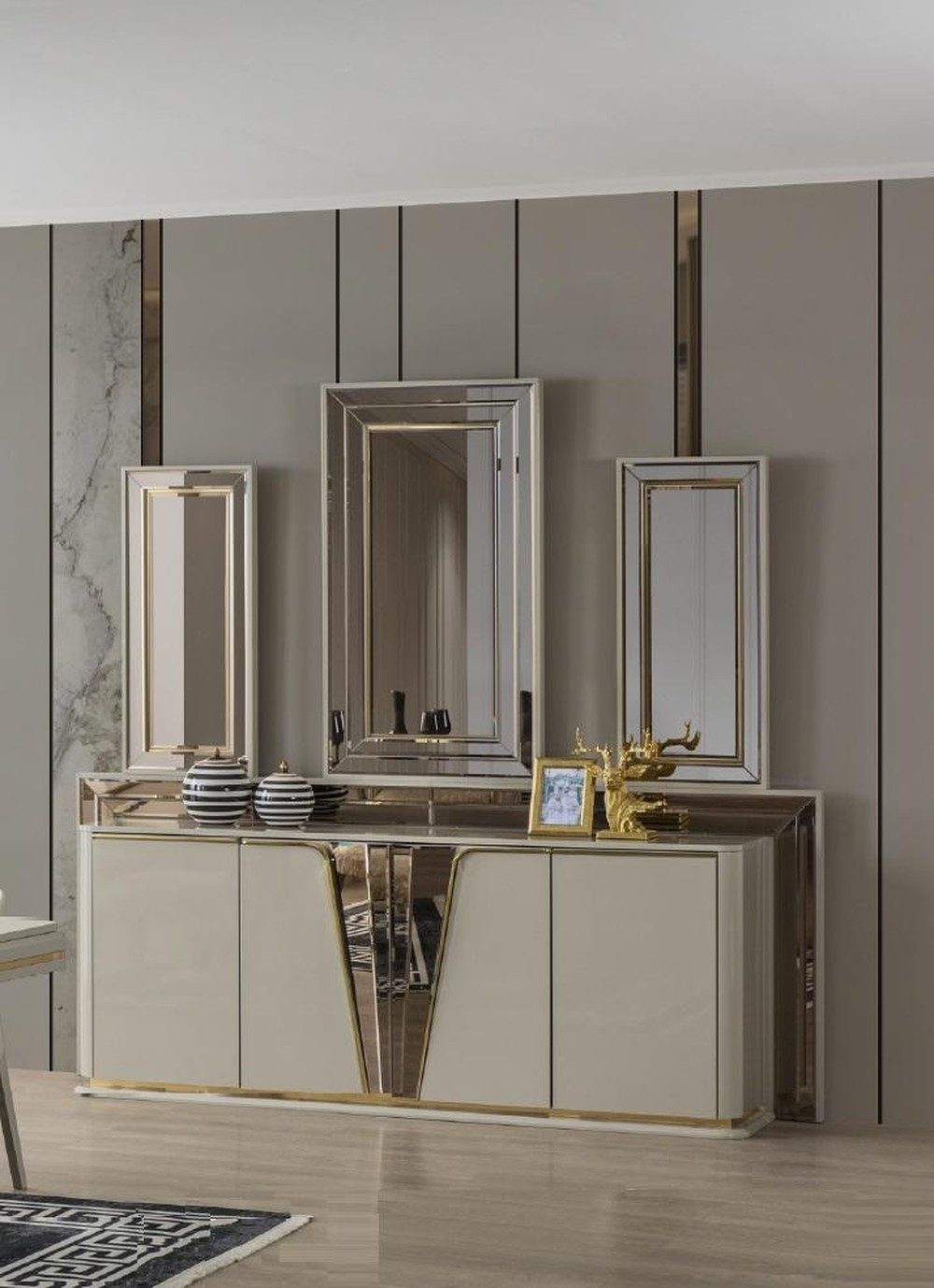 JVmoebel Kommode Beiges Holzsideboard für das Wohnzimmer mit Stauraum (Kommode + Spiegel), Made in Europa