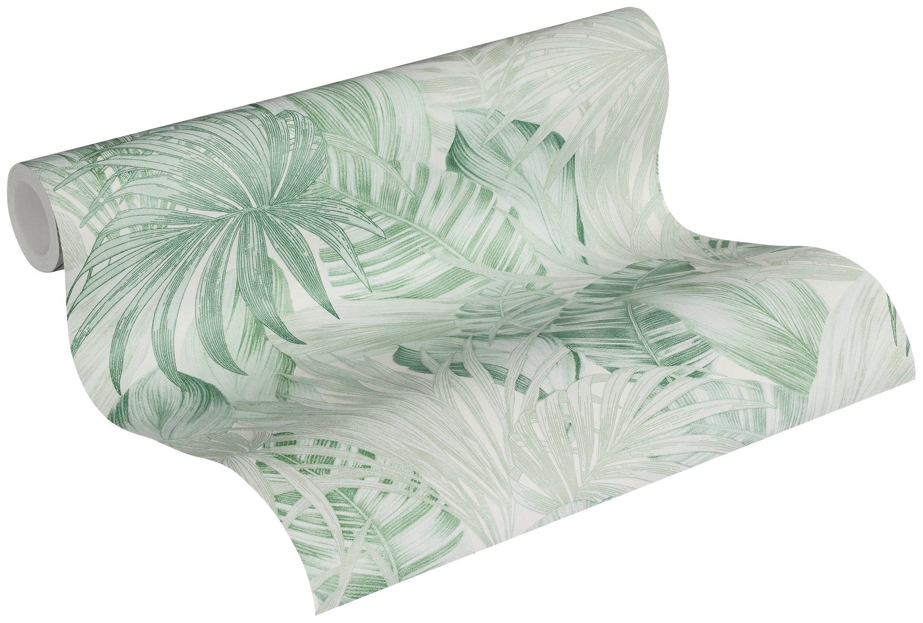 Vliestapete strukturiert Grün Weiß (1 leicht Création Palmentapete 2 St), Dschungeltapete, A.S. Dschungeltapete Attractive matt, glatt,