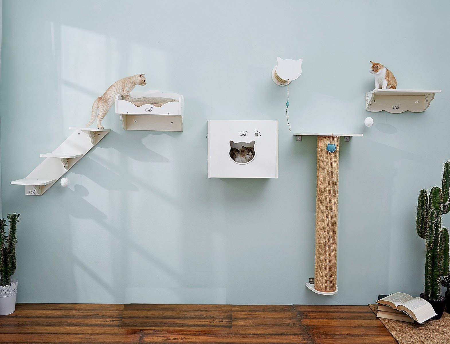 CatS Design Katzen-Wandregal CatS Design Katzen XXL Kletterwand 6 Teilig Set T4, hochwertig solider holz Designmöbel-Extreme starke Konstruktion
