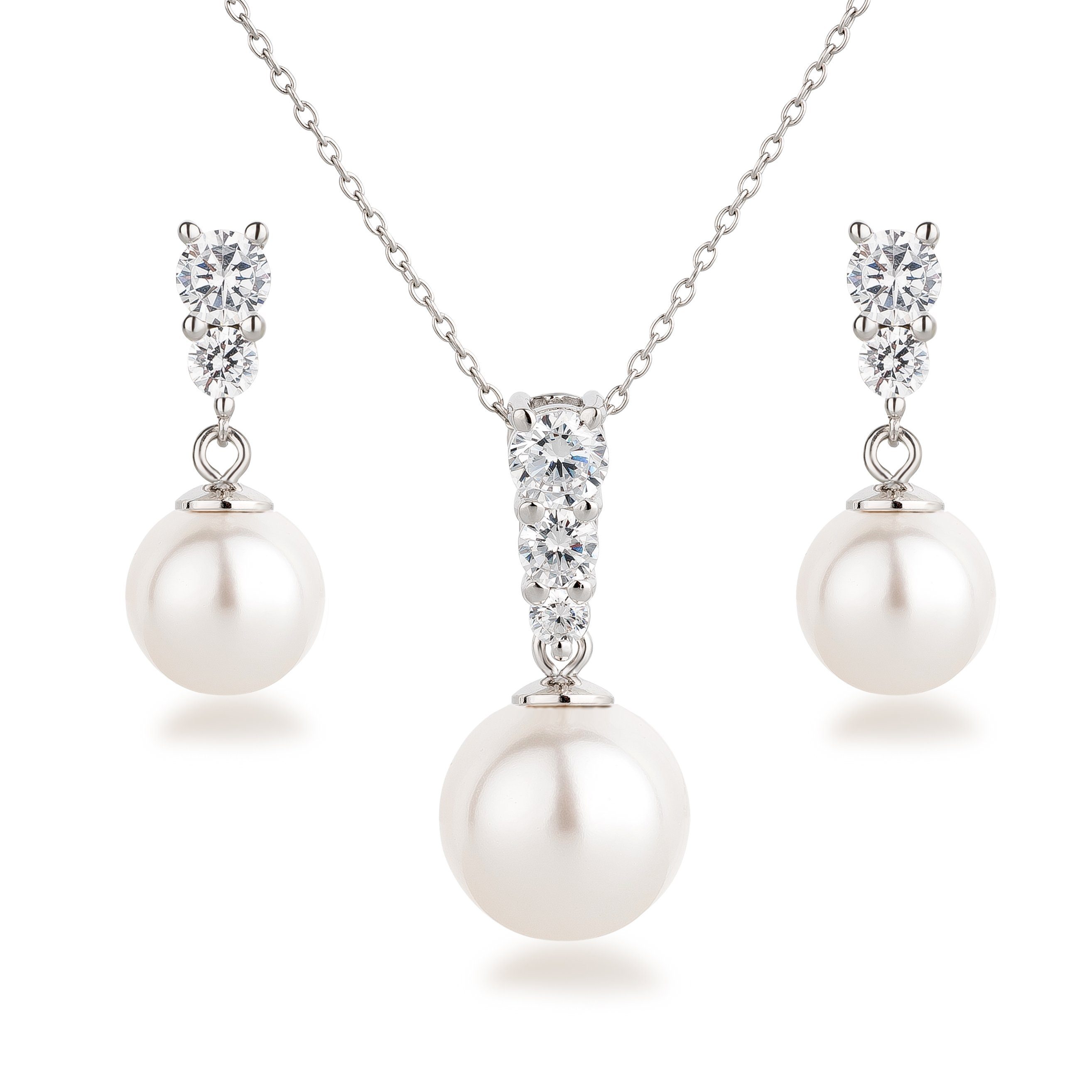 Schöner-SD Schmuckset 925 Silber Set mit weißen Perlen 10mm und 8mm (Set,  Ohrringe und Halskette mit Anhänger), mit Zirkonia