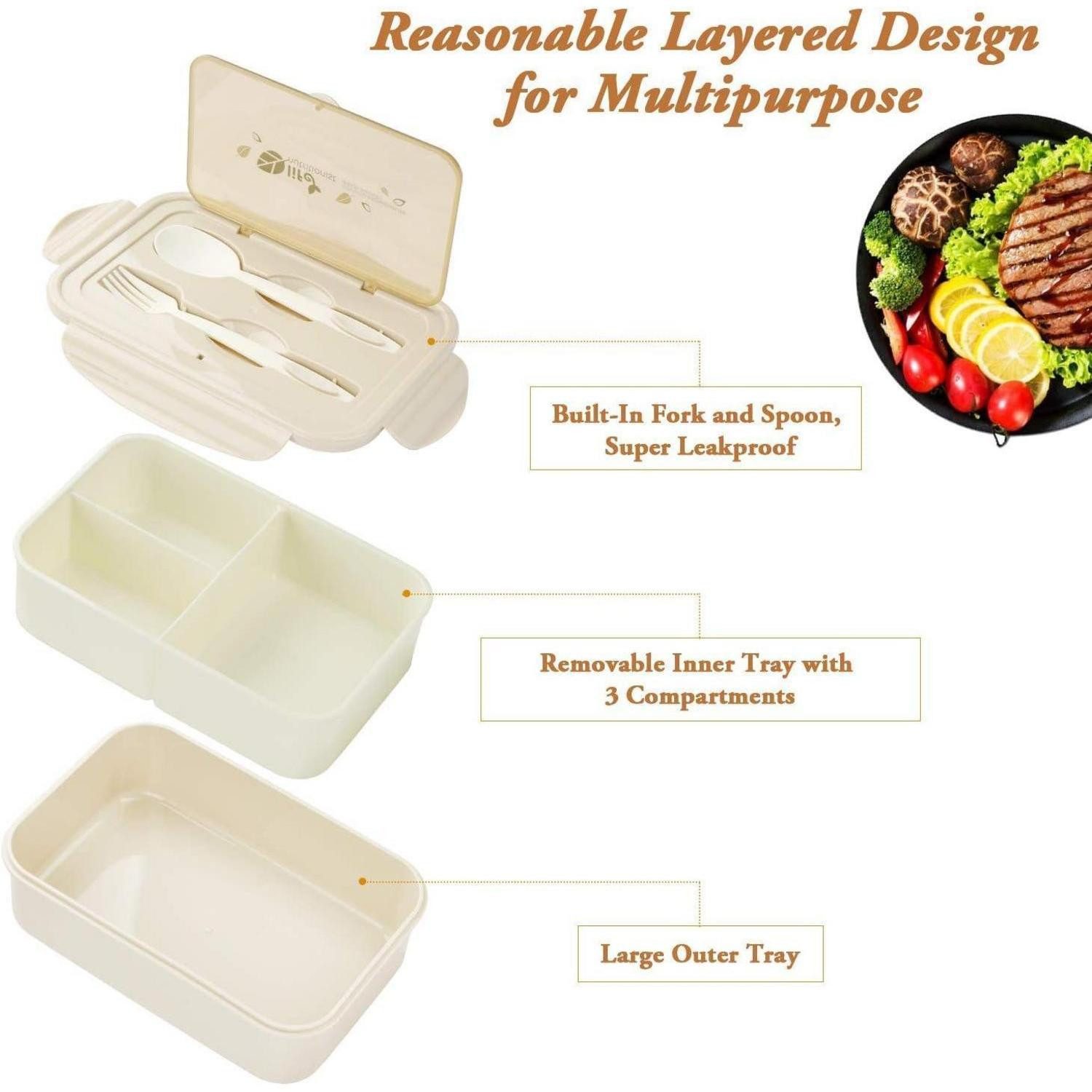 LuxusKollektion Lunchbox Brotdose Bento Box 3 Fächer Besteck Auslaufsicher Schule Braun