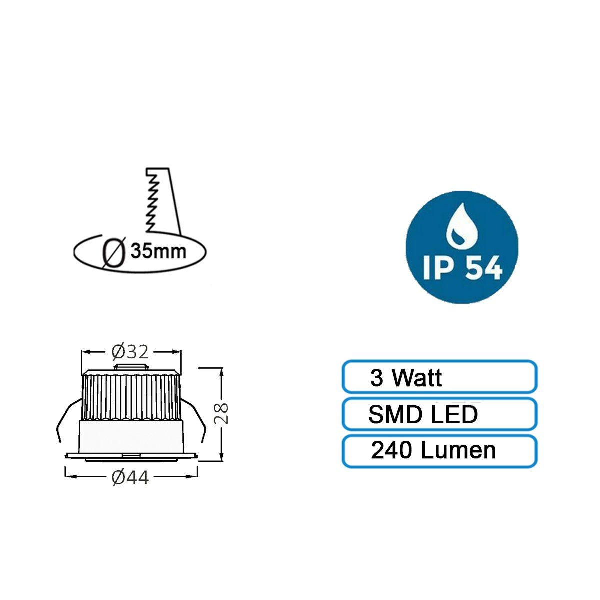 Braytron LED Einbaustrahler 3 W innen für Gold mini Einbauleuchte oder, Mini Einbaustrahler Schwarz kaltweiß außen LED Spot Silber Rahmenfarbe Spot und IP54