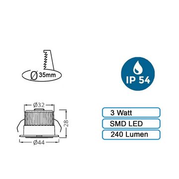 Braytron LED Einbaustrahler 3 Watt LED mini Einbauleuchte Einbaustrahler Spot Weiß Warmweiß Schutz, Warmweiß, 3w, 210 Lumen, Warmweiß, Ø44 x 28 mm, Weiß, Lochmaß: Ø32, rund, IP54
