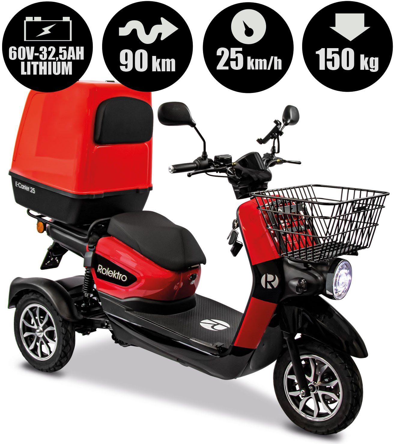 Rolektro Elektromobil Rolektro E-Carrier 25 V.3 Lithium mit XXL-Koffer, 1000 W, 25 km/h, (mit Topcase)