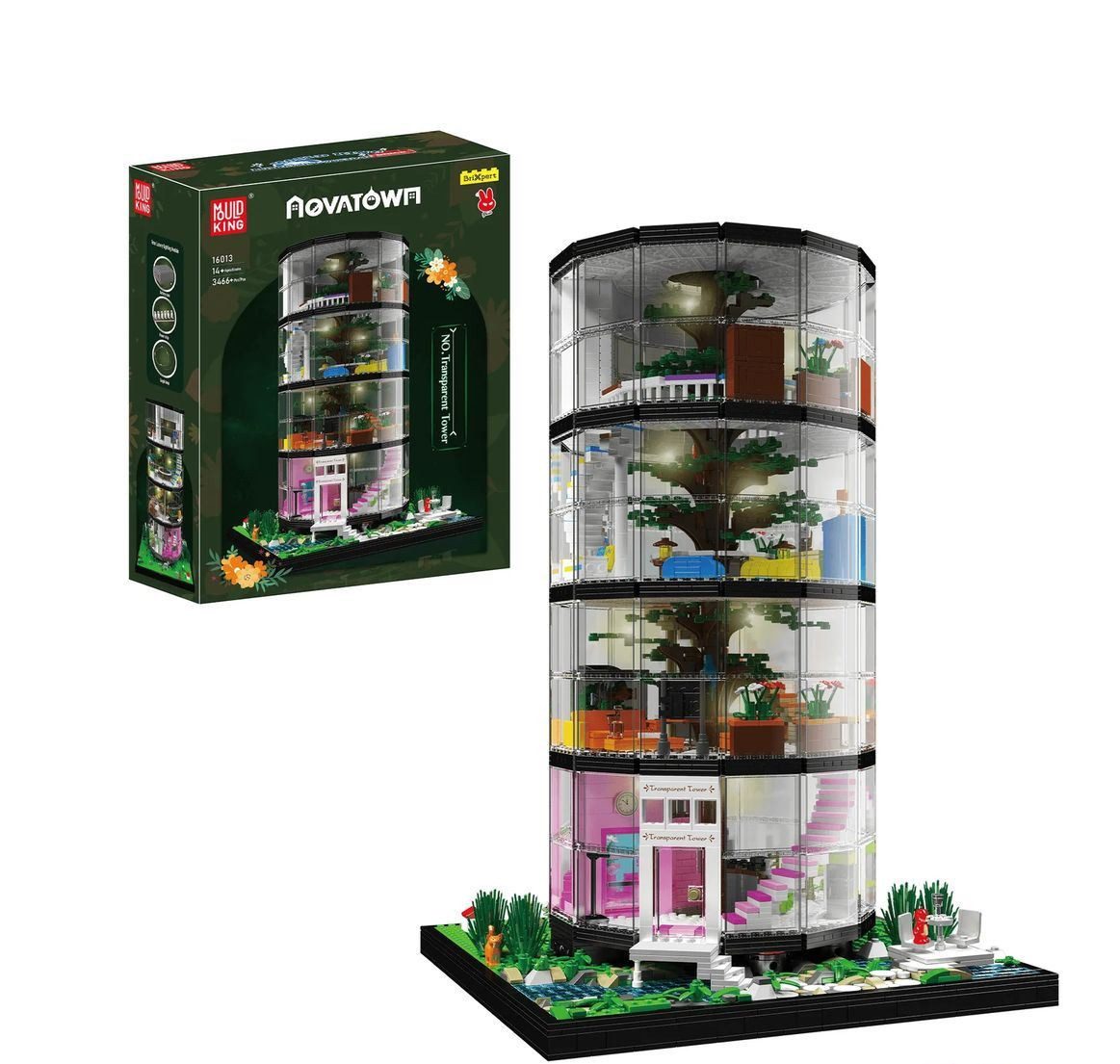 Mould King 16013 Transparenter Turm LED Gebäudemodell Klemmbausteine Игрушки Konstruktions-Spielset, (3466 St)
