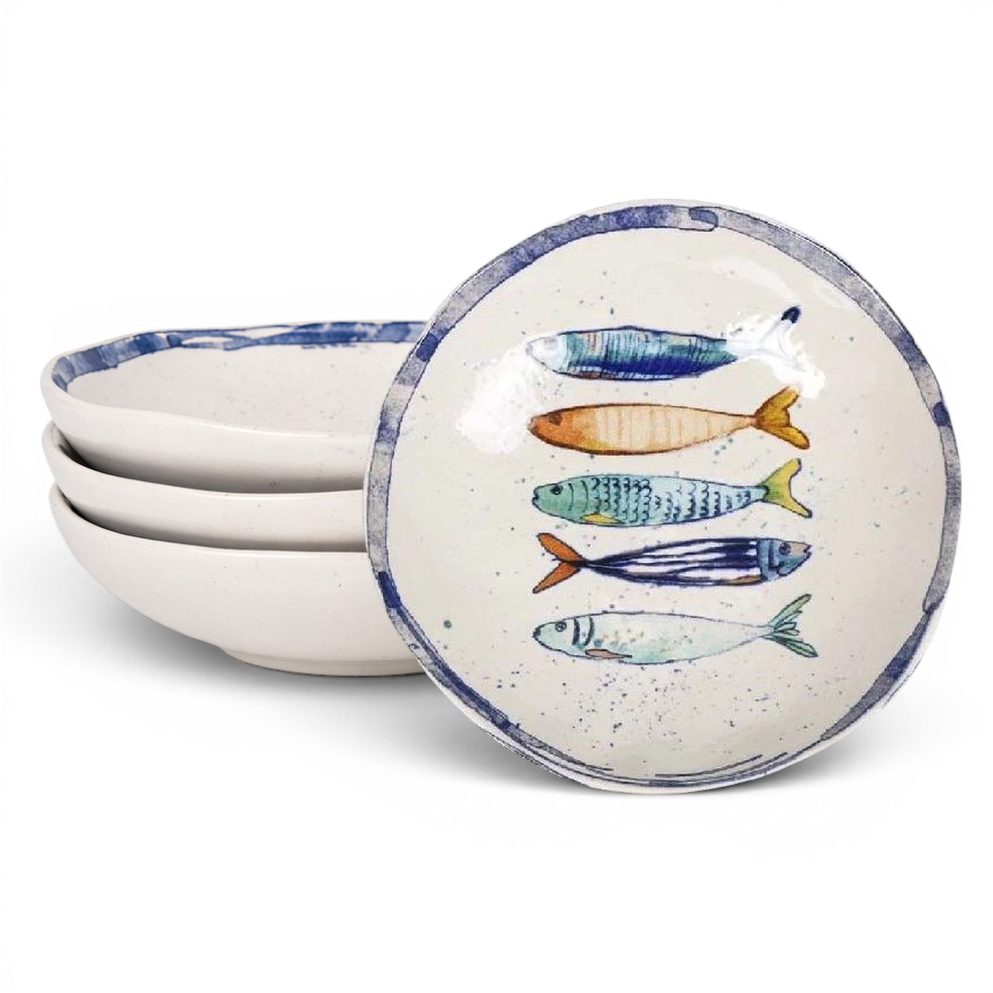 WestCraft Speiseteller Teller, mediterran mit Sardinen-Motiv, Maritime Suppenteller 21 cm, (4 St), 4er Set, hochwertig und robust - langlebig und vielseitig einsetzbar