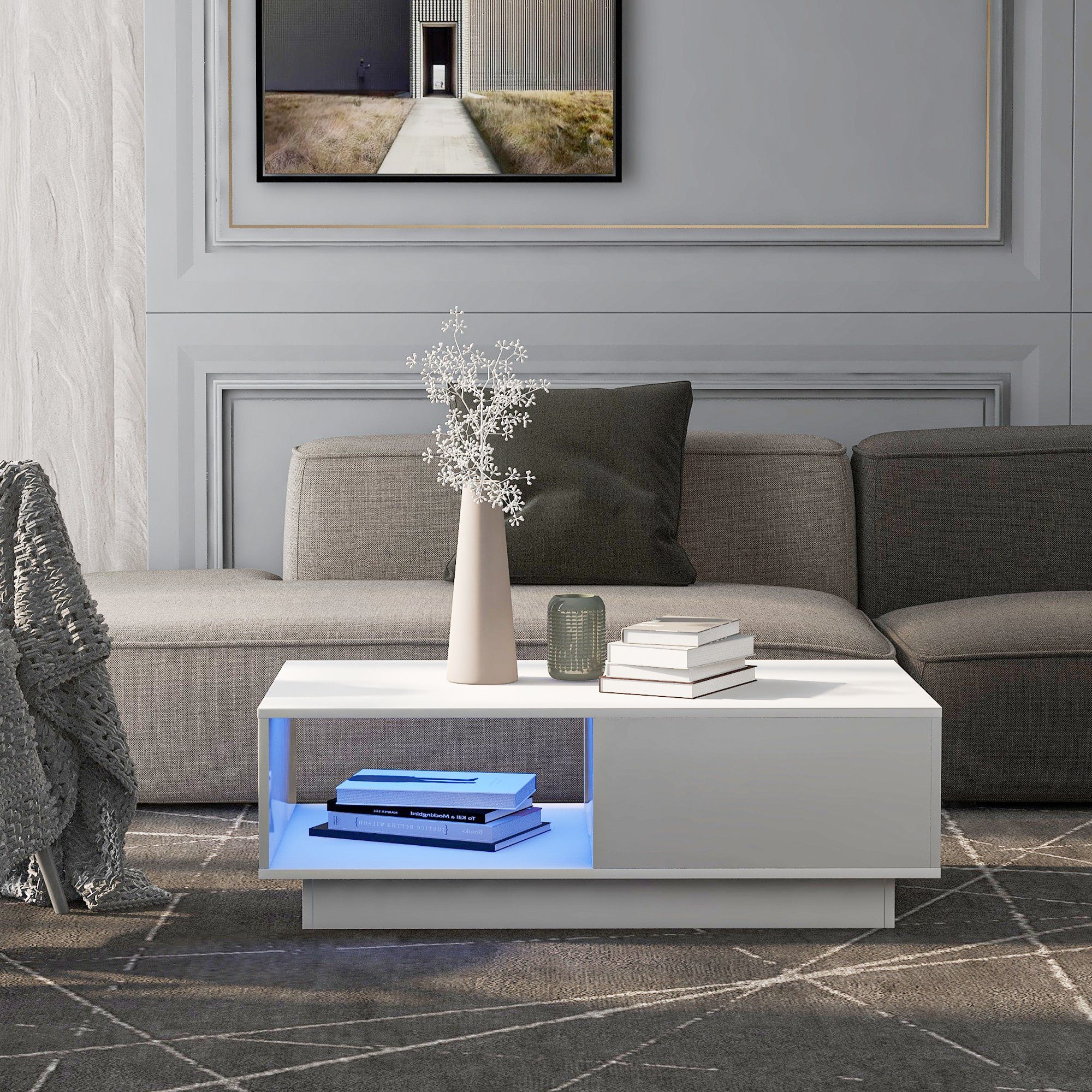 Couchtisch, mit LED-Beleuchtung, Hochglanz Sofatisch Wohnzimmertisch, 99x55x32 cm