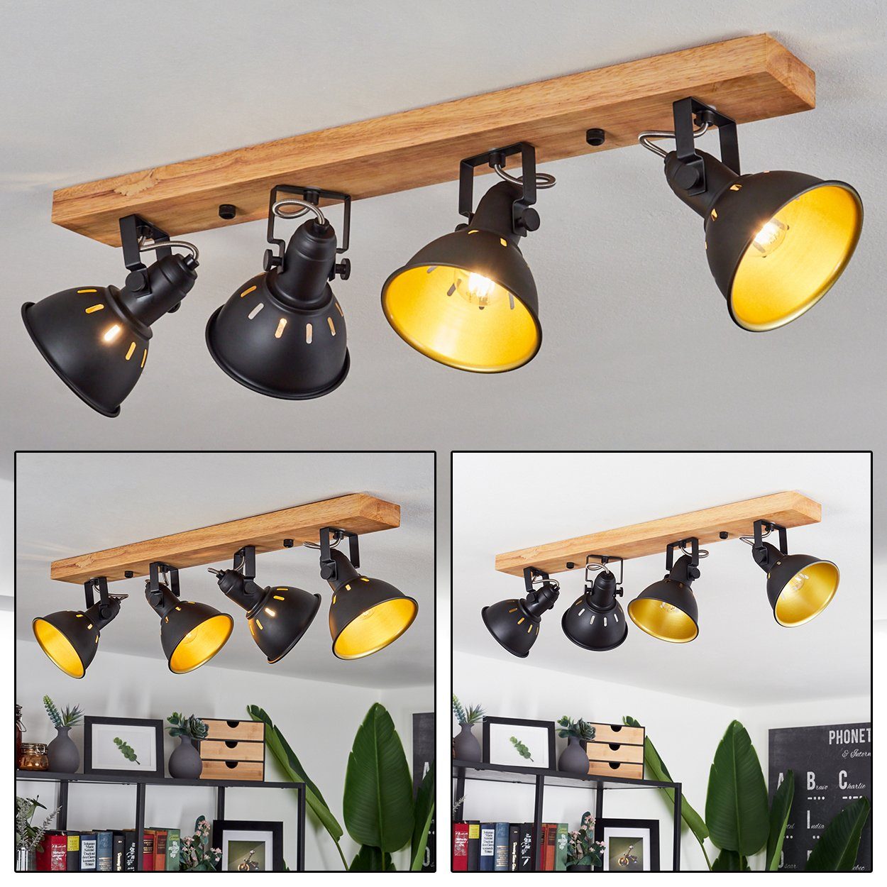 hofstein Deckenleuchte »Arazane« moderne Deckenlampe aus Metall/Holz in Schwarz/Gold/Natur, ohne Leuchtmittel, Vintage Leuchte im Retro Design mit drehbaren Schirmen, 4xE14 | Deckenlampen