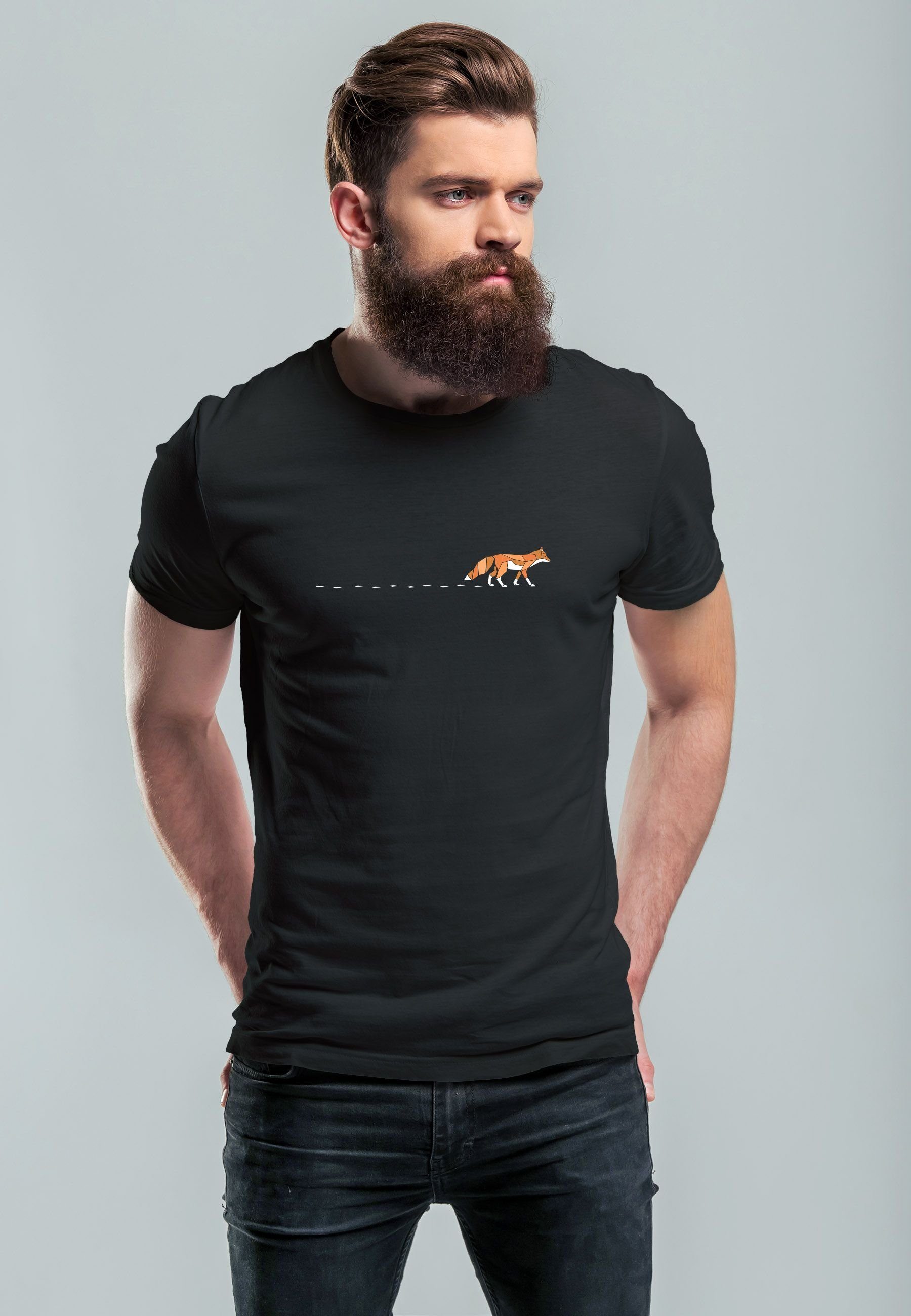 Fashion Neverless Fox Print Fuchs Badge Herren T-Shirt Tiermotiv Wald Print Stree schwarz mit Print-Shirt Logo