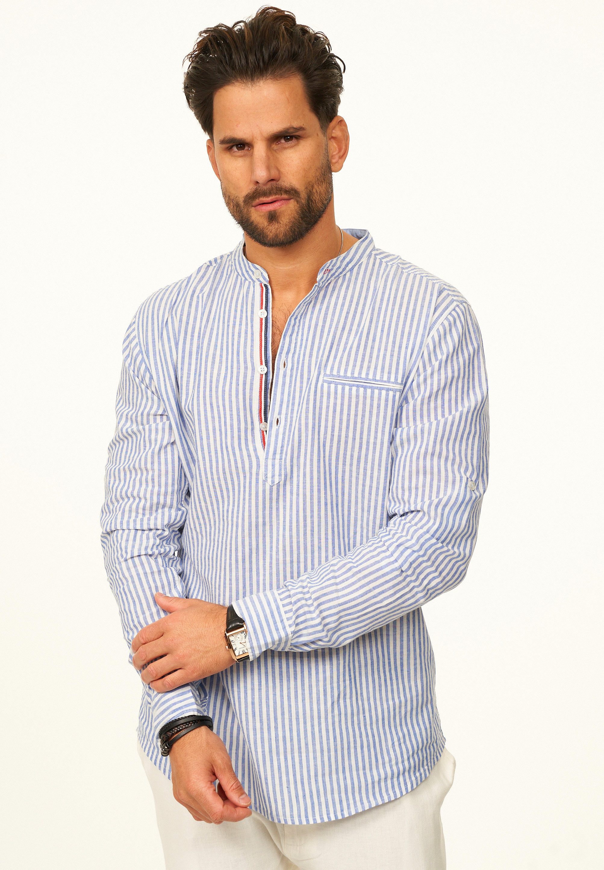 behype Langarmhemd Gestreift im Regular-Fit mit Henley-Stehkragen Herren Sommerhemd als Freizeithemd