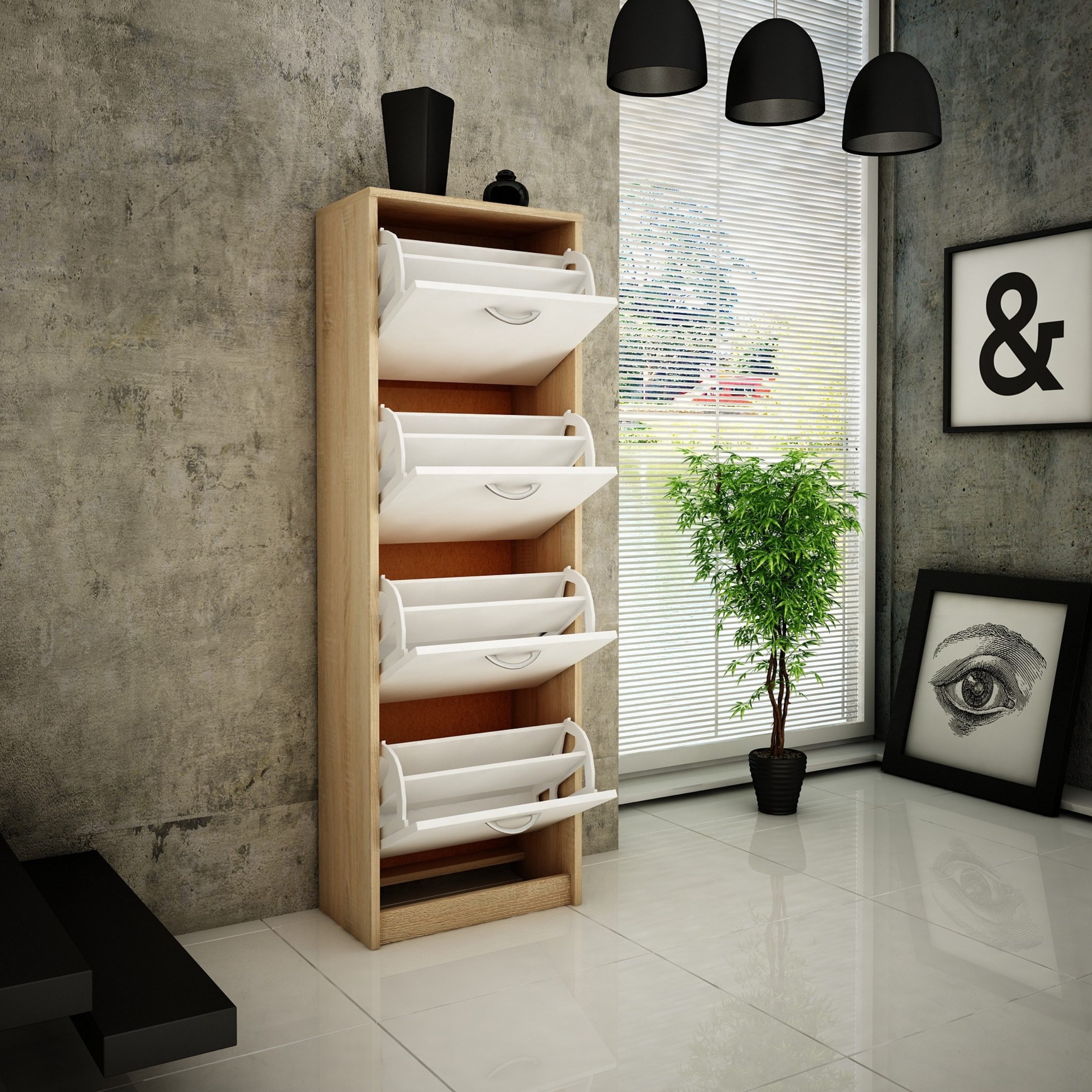 Home Collective Schuhschrank mit 4 aufklappbaren Schubladen, Schuhregal mit 4 Fächern 50 cm breit (platzsparende Schuhaufbewahrung, laminierte Platte) weiche ab – Bild 3 von 5