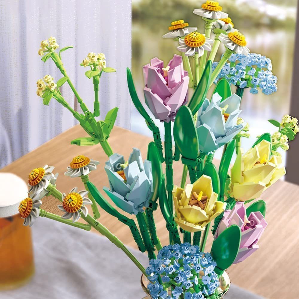 Künstlicher ‎‎Bunt(Stil:3) Klemmbausteine, Bausteine, Blumenstrauß Kunstblume Topfblumen GelldG
