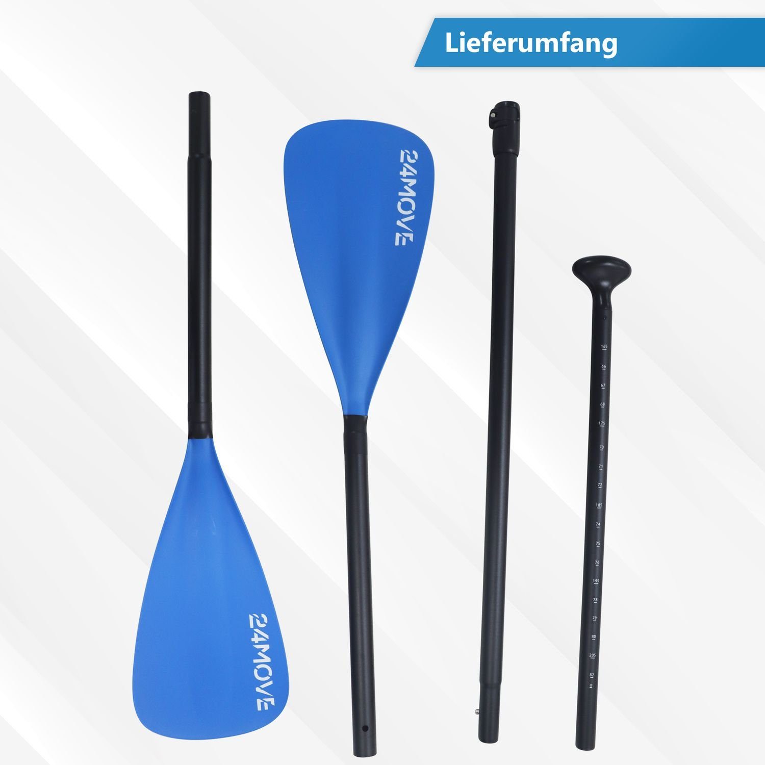 24Move Doppelpaddel, Premium Stand Up Paddle Aluminium, verstellbar, 4-teilig SUP-Paddel, (2 in 1 Paket, als Einzelpaddel oder Doppeltes Paddel, blau), für Paddelboards, Kajakboot und Ruderboot, universell einsetzbar