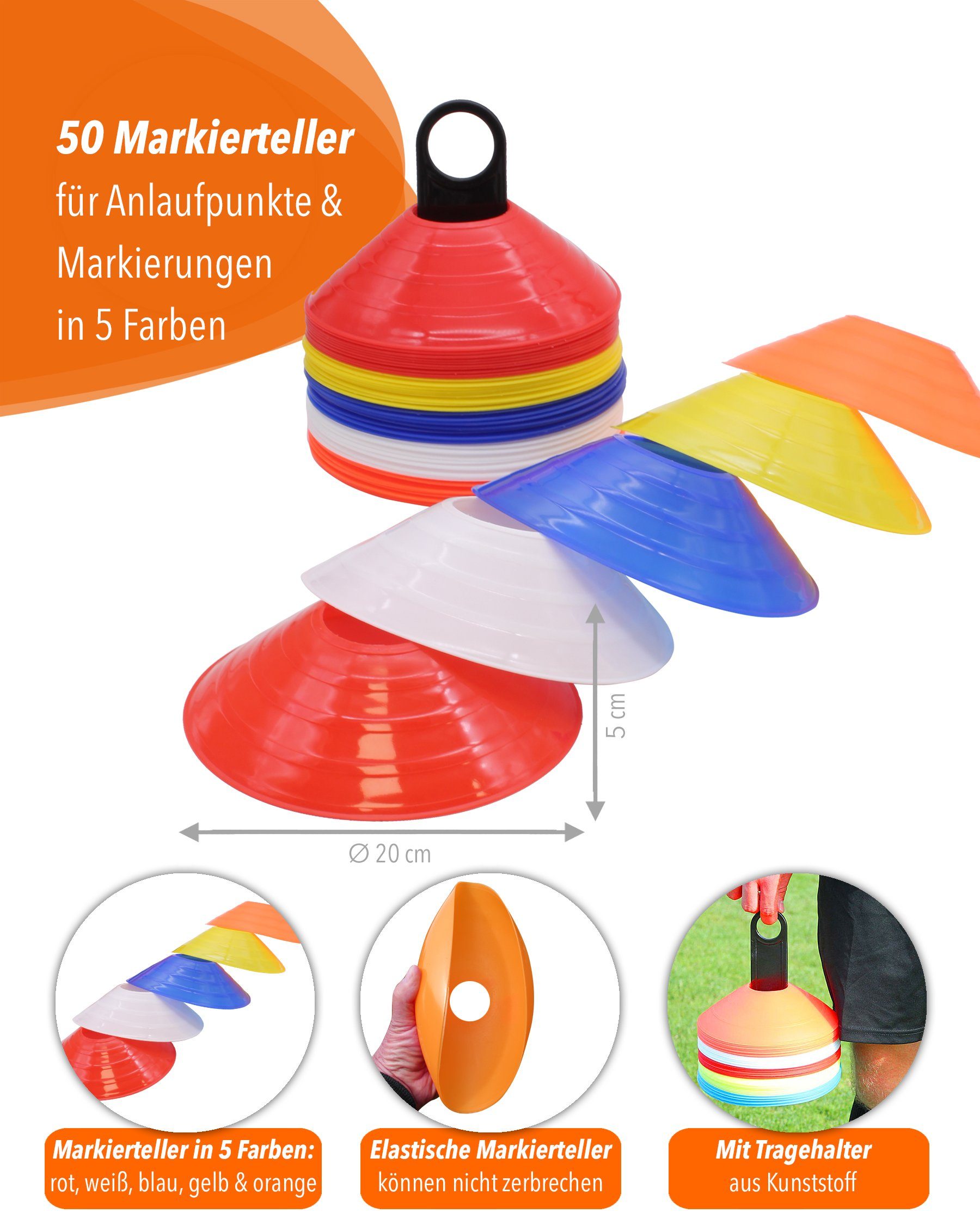 SPORTIKEL24 Zielmarkierung Markierteller 50 Stück in 5 Farben, mit Tragehalter