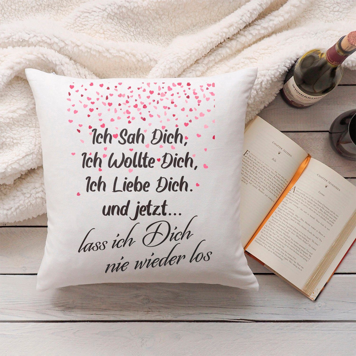 GRAVURZEILE Zierkissen mit Spruch - Ich sah Dich, Ich wollte Dich, Ich Liebe Dich - Geschenk