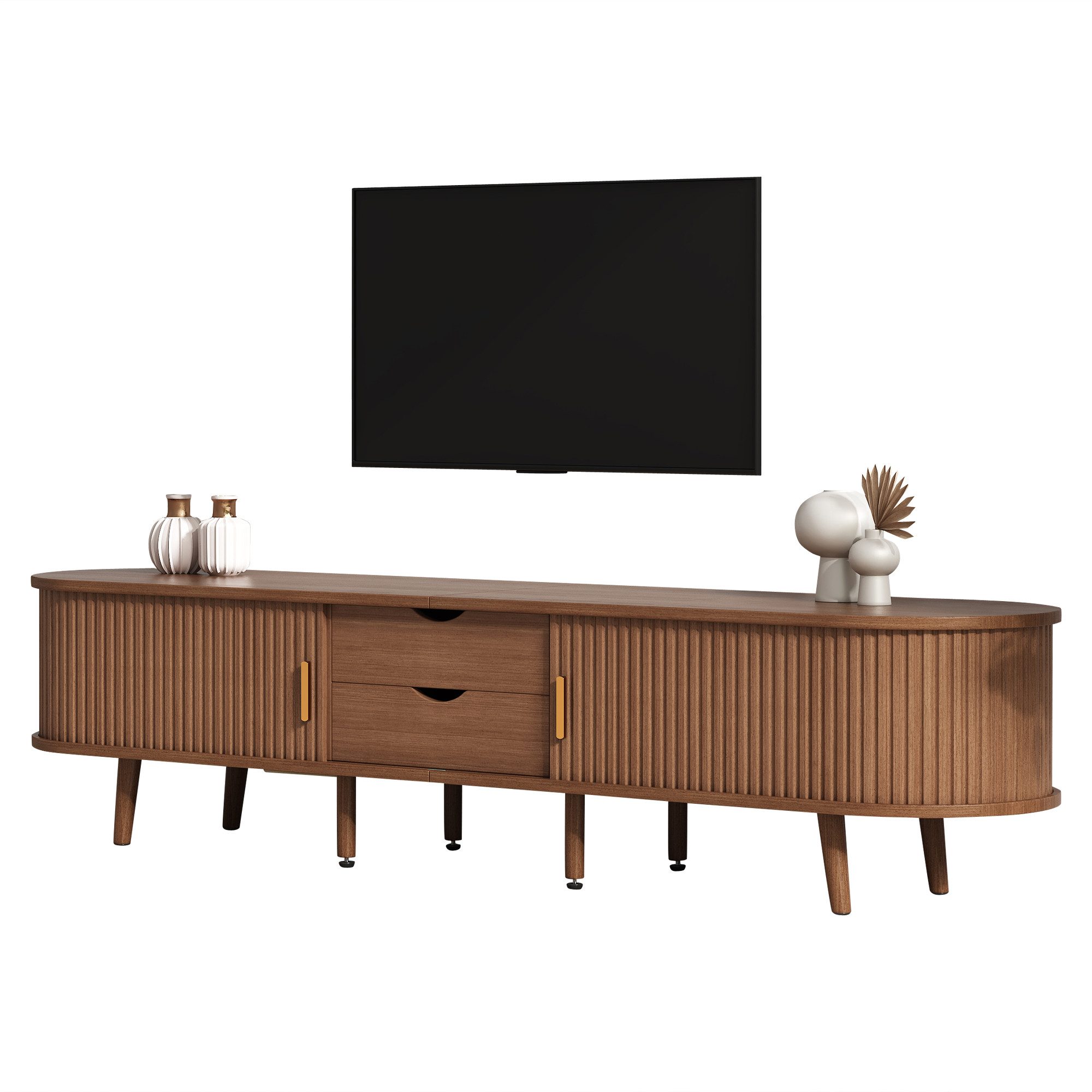 OKWISH Lowboard mit Stauraum, Holzmaserung (Wohnzimmermöbel, TV-Panel, Fernsehschrank, Mehrzweckschrank, 1 St., 2 Schiebetüren, 2 Schubladen), mit geschwungene, vertikal geprägte Schiebetür