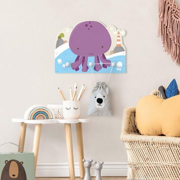 Bilderdepot24 Garderobenpaneel violett Illustration Tiere Lila Baby Tintenfisch (Kindergarderobe Holz Kleiderhaken für die Wand inkl. Montagematerial), moderne Wand Garderobenleiste Flur - kleine Hakenleiste Kinderzimmer