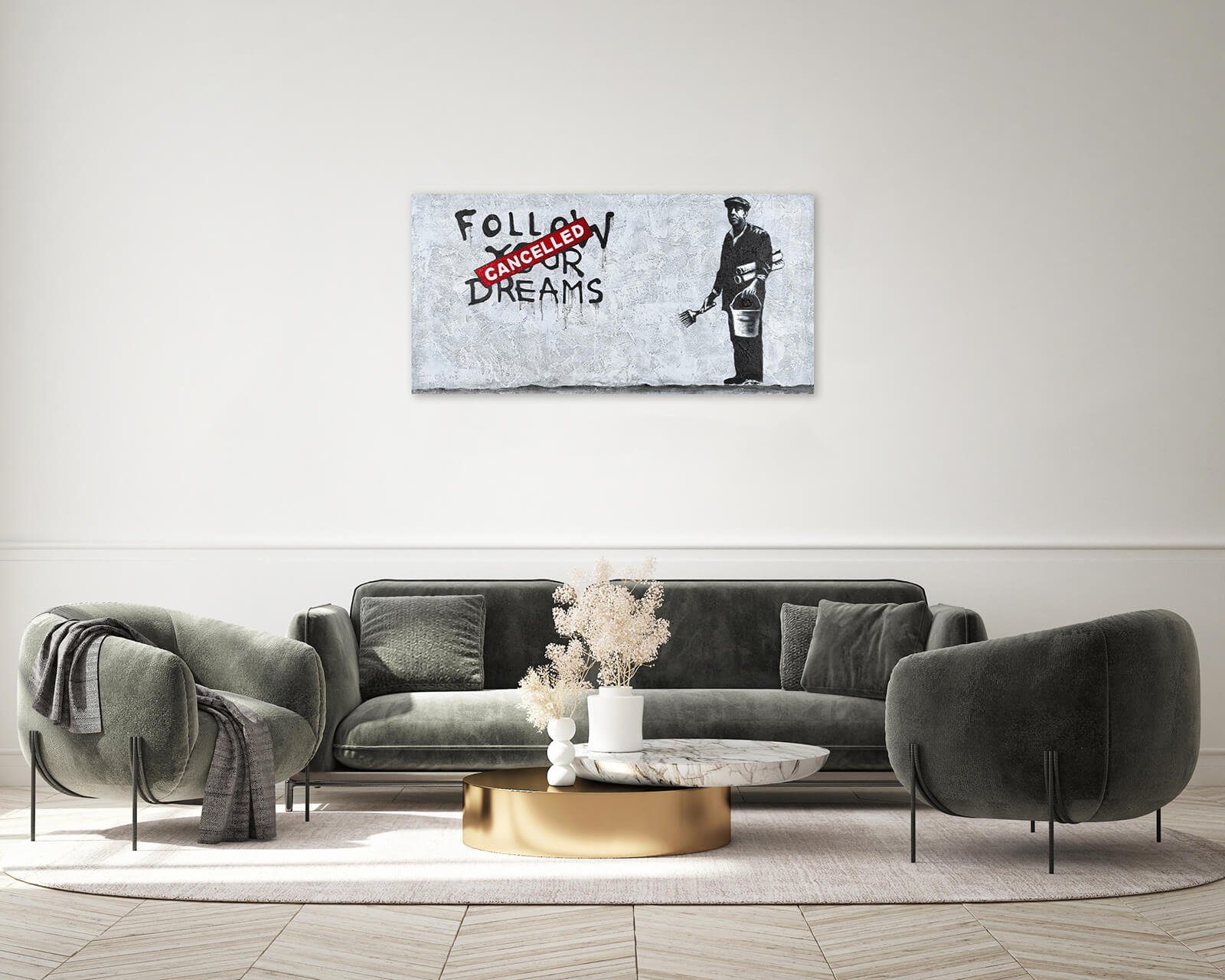 KUNSTLOFT Gemälde Banksy's Optimist 120x60 cm, Leinwandbild 100% HANDGEMALT Wandbild Wohnzimmer