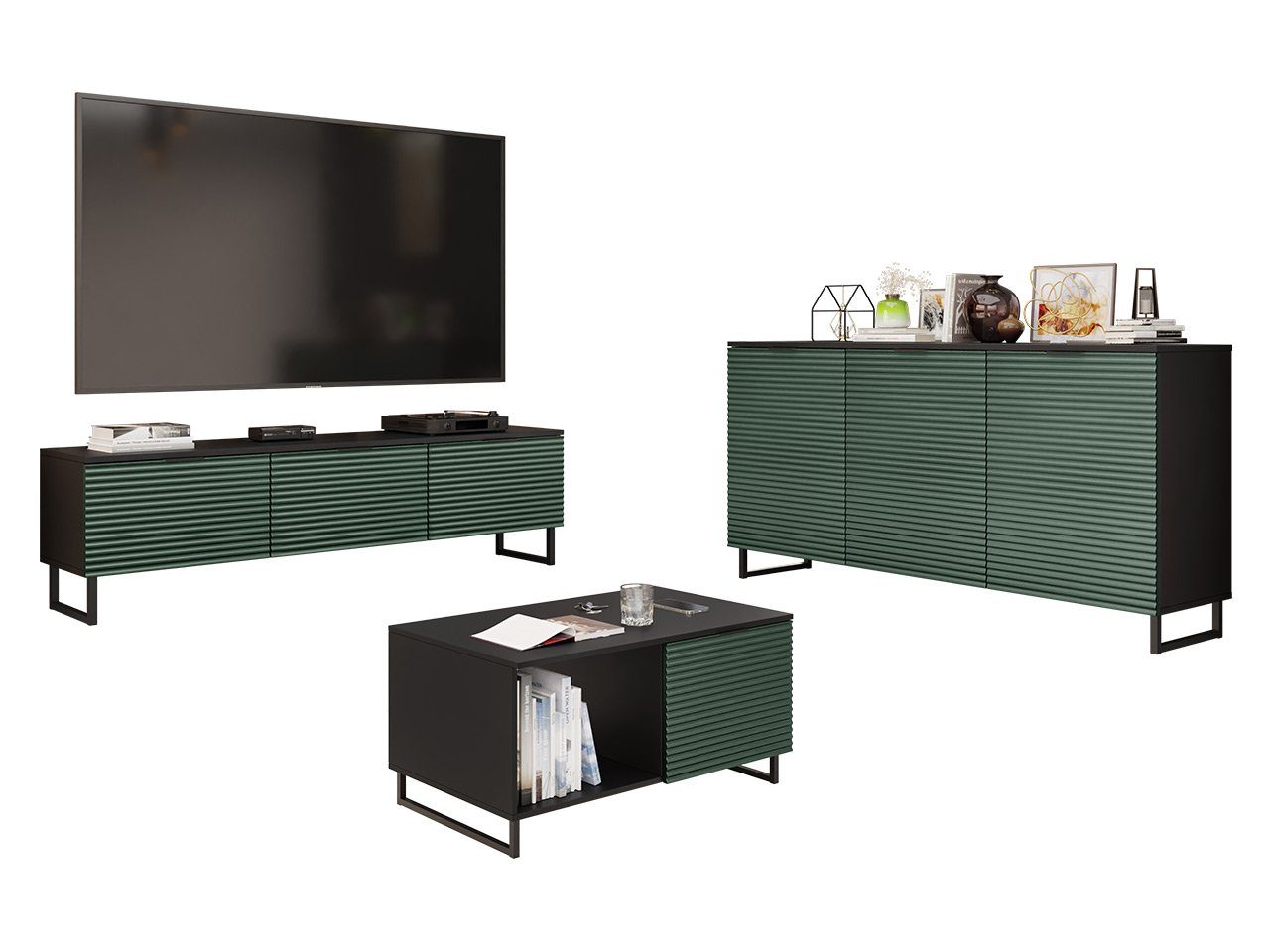 MIRJAN24 der Grün / Wohnzimmer-Set Metallgriffe TV-Lowboard, Farbe Graphit in Delino II, Schwarz Kommode, schwarz (3er-Set, Couchtisch),