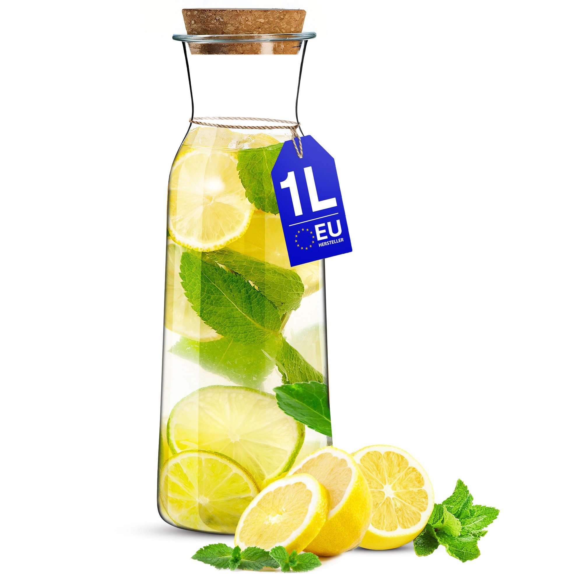KONZEPT Wasserkaraffe Glaskaraffe mit Korkdeckel, 1 Liter, (Karaffe ideal für Wasser, 1-tlg., Saft, Limonade), ideal für Wasser, Saft, Limonade, Coctails und Milch