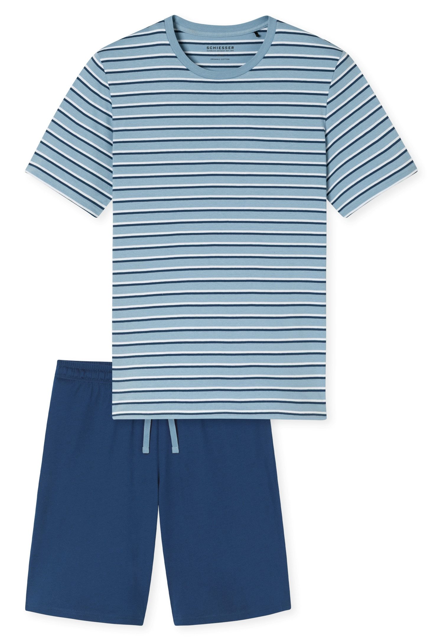 Schiesser Shorty Casual Nightwear (2 tlg) mit gestreiftem Oberteil, Rundhalsausschnitt und kurzen Ärmeln